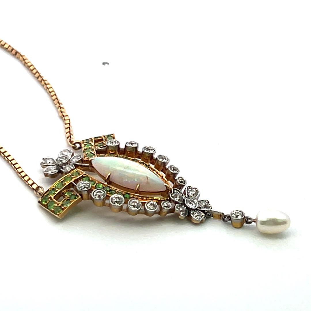 14K YG Pendant Necklace with 0.72ct Old European Diamonds & Multi Gemstones