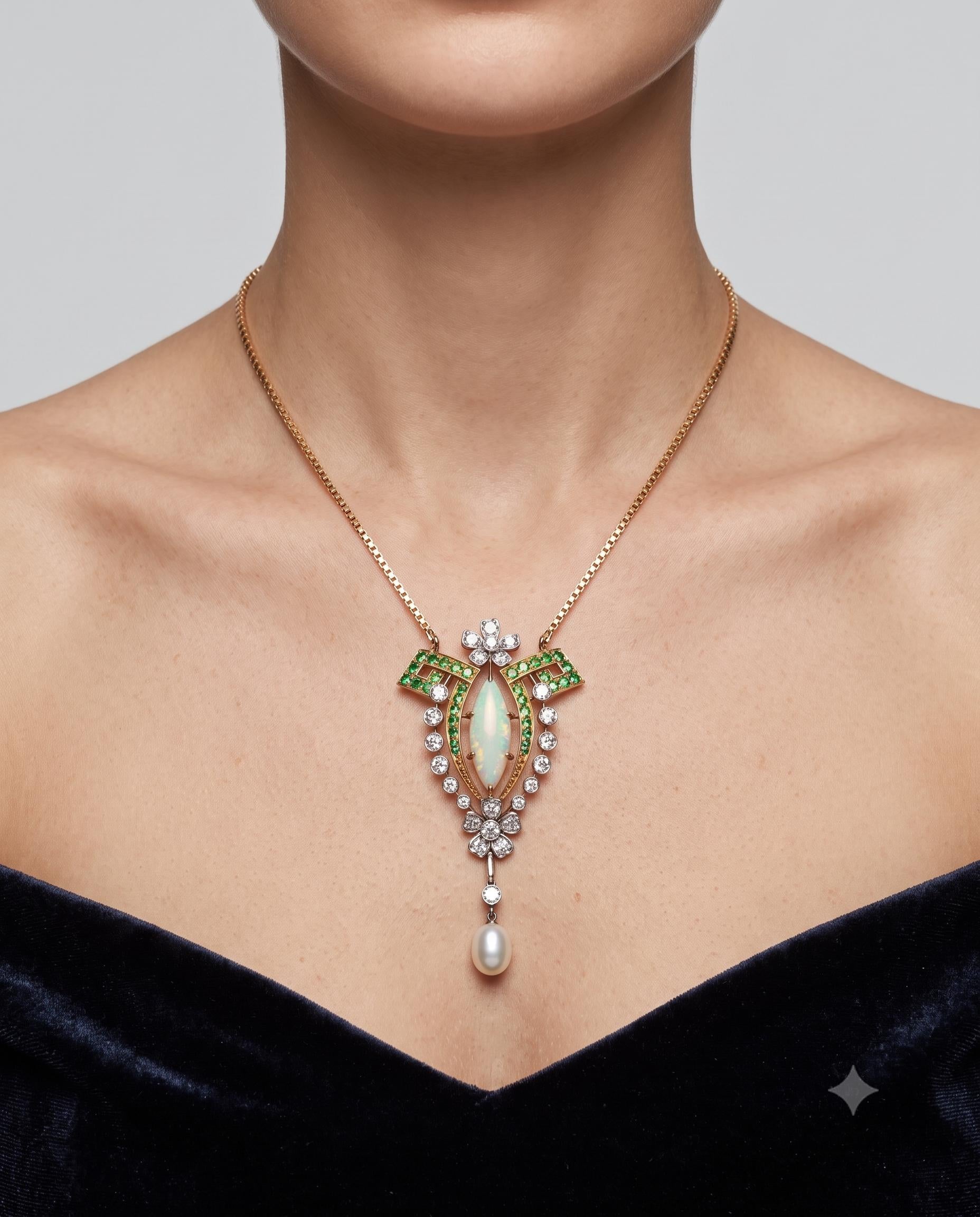 14K YG Pendant Necklace with 0.72ct Old European Diamonds & Multi Gemstones