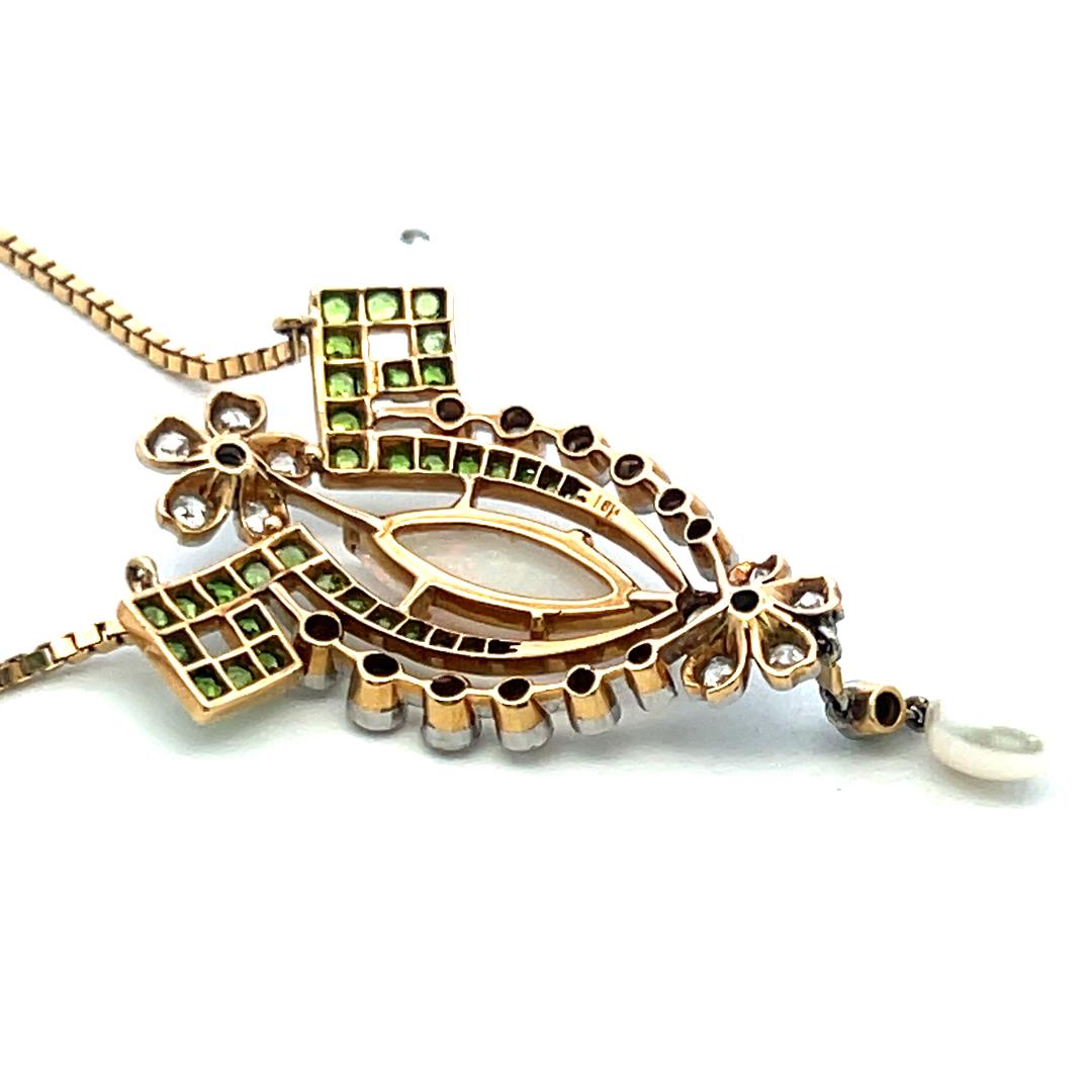 14K YG Pendant Necklace with 0.72ct Old European Diamonds & Multi Gemstones