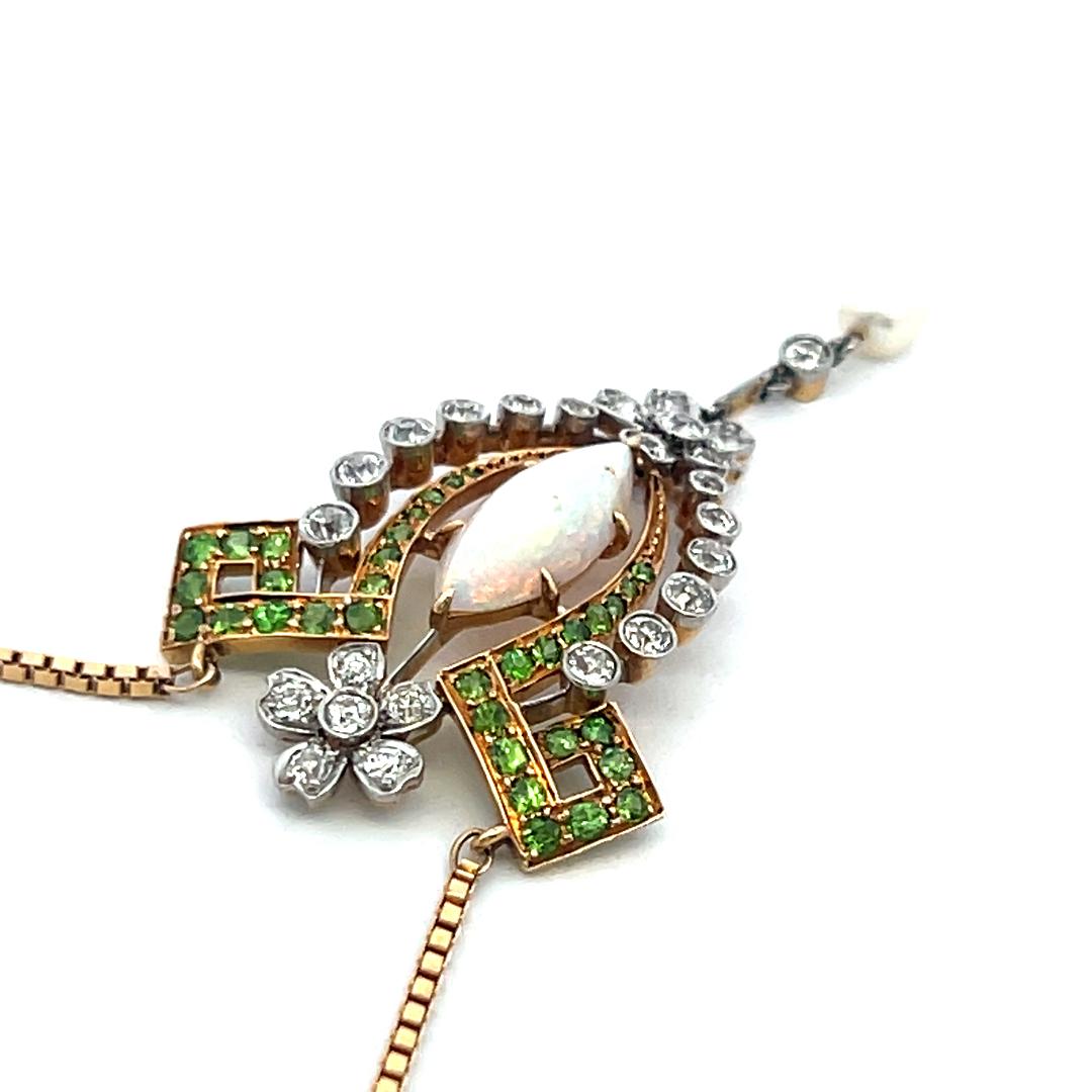 14K YG Pendant Necklace with 0.72ct Old European Diamonds & Multi Gemstones