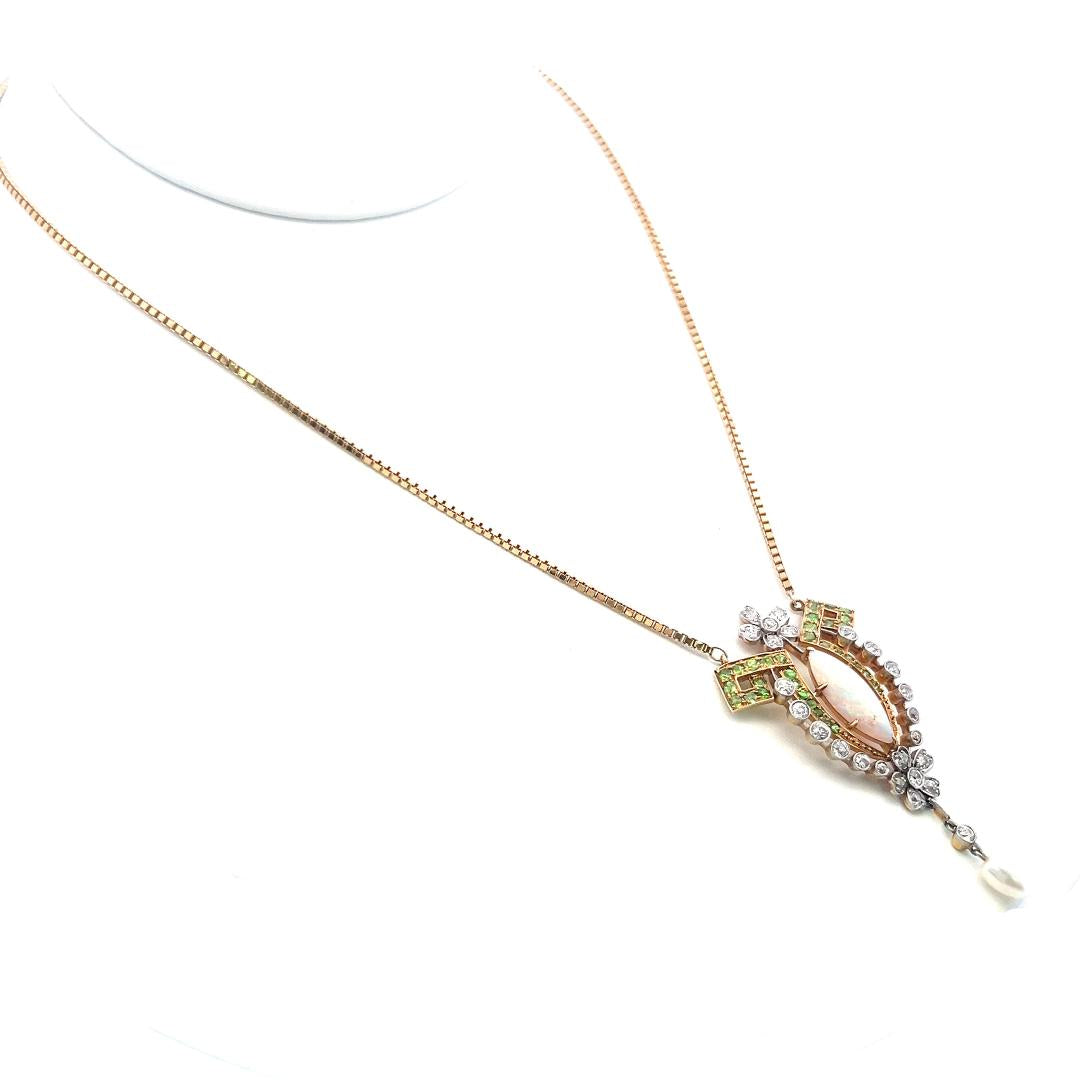 14K YG Pendant Necklace with 0.72ct Old European Diamonds & Multi Gemstones
