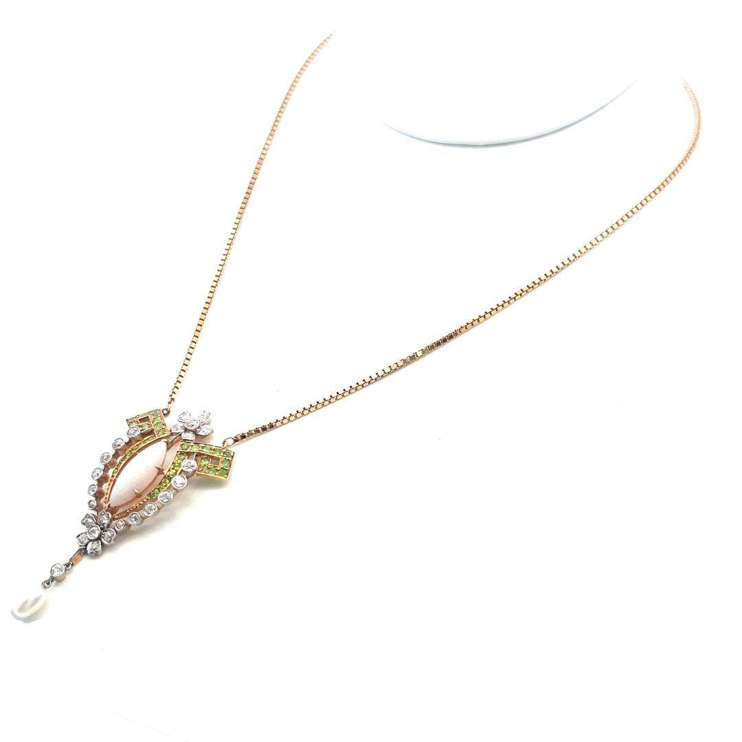 14K YG Pendant Necklace with 0.72ct Old European Diamonds & Multi Gemstones