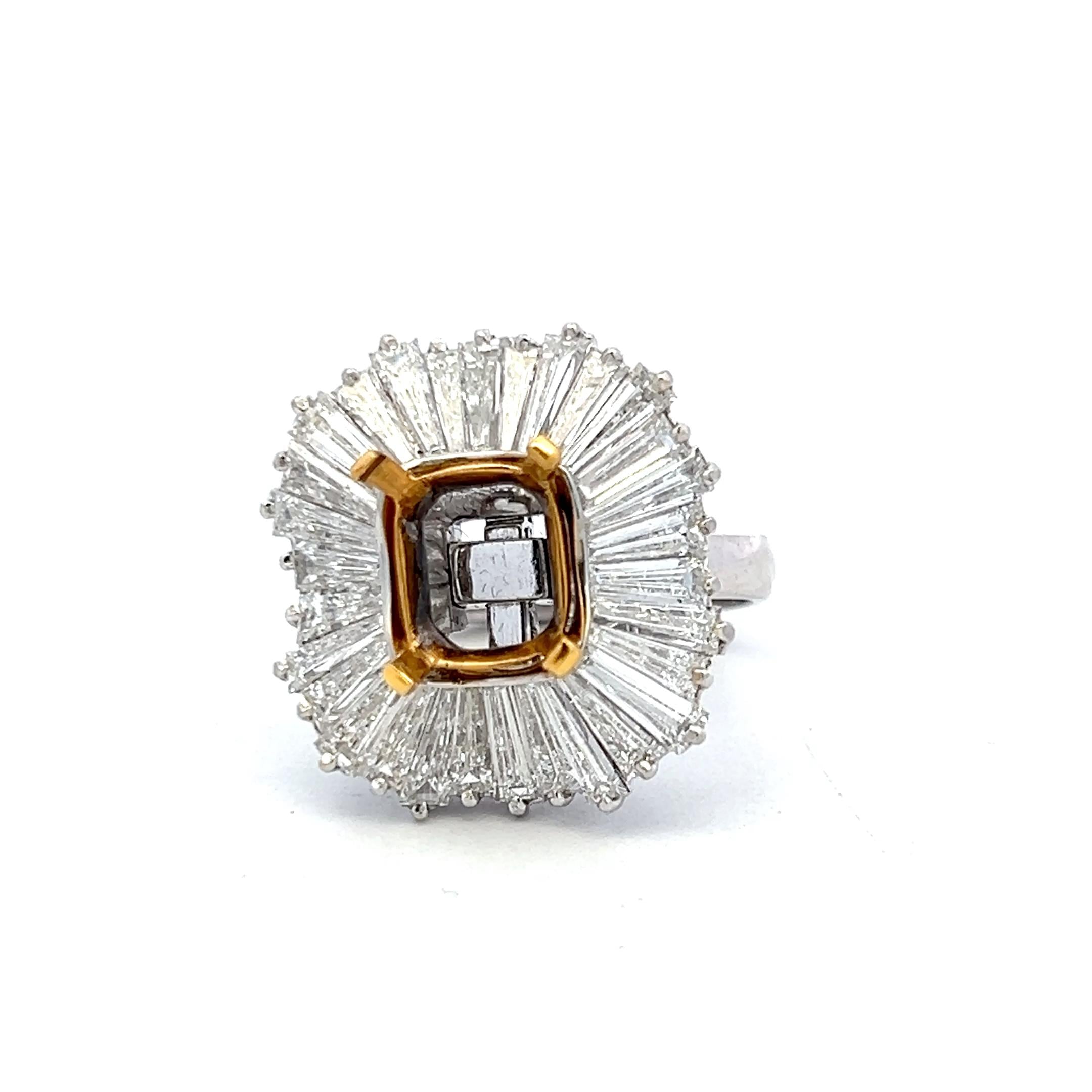 14K Gold Platinum Semi Mount Ring 3ct Tapered Baguette Diamonds Fits 8.2x6.9mm