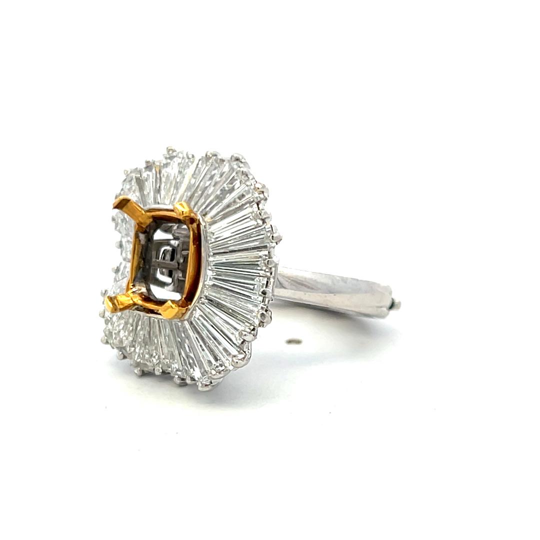 14K Gold Platinum Semi Mount Ring 3ct Tapered Baguette Diamonds Fits 8.2x6.9mm