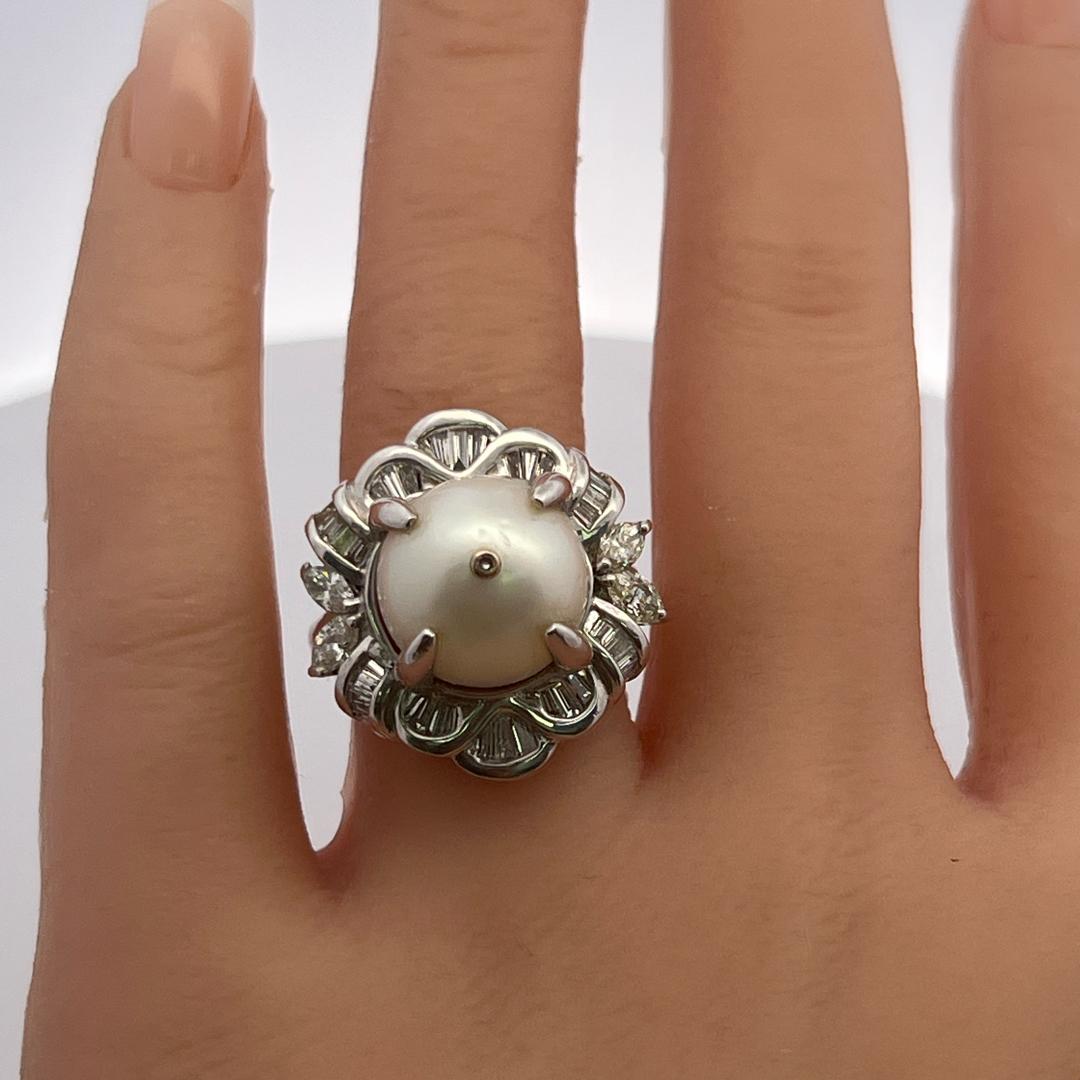 Platinum Cocktail Ring 1.8ct Tapered Baguette & Marquis Diamonds & Pearls Size 7