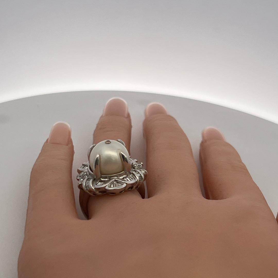 Platinum Cocktail Ring 1.8ct Tapered Baguette & Marquis Diamonds & Pearls Size 7