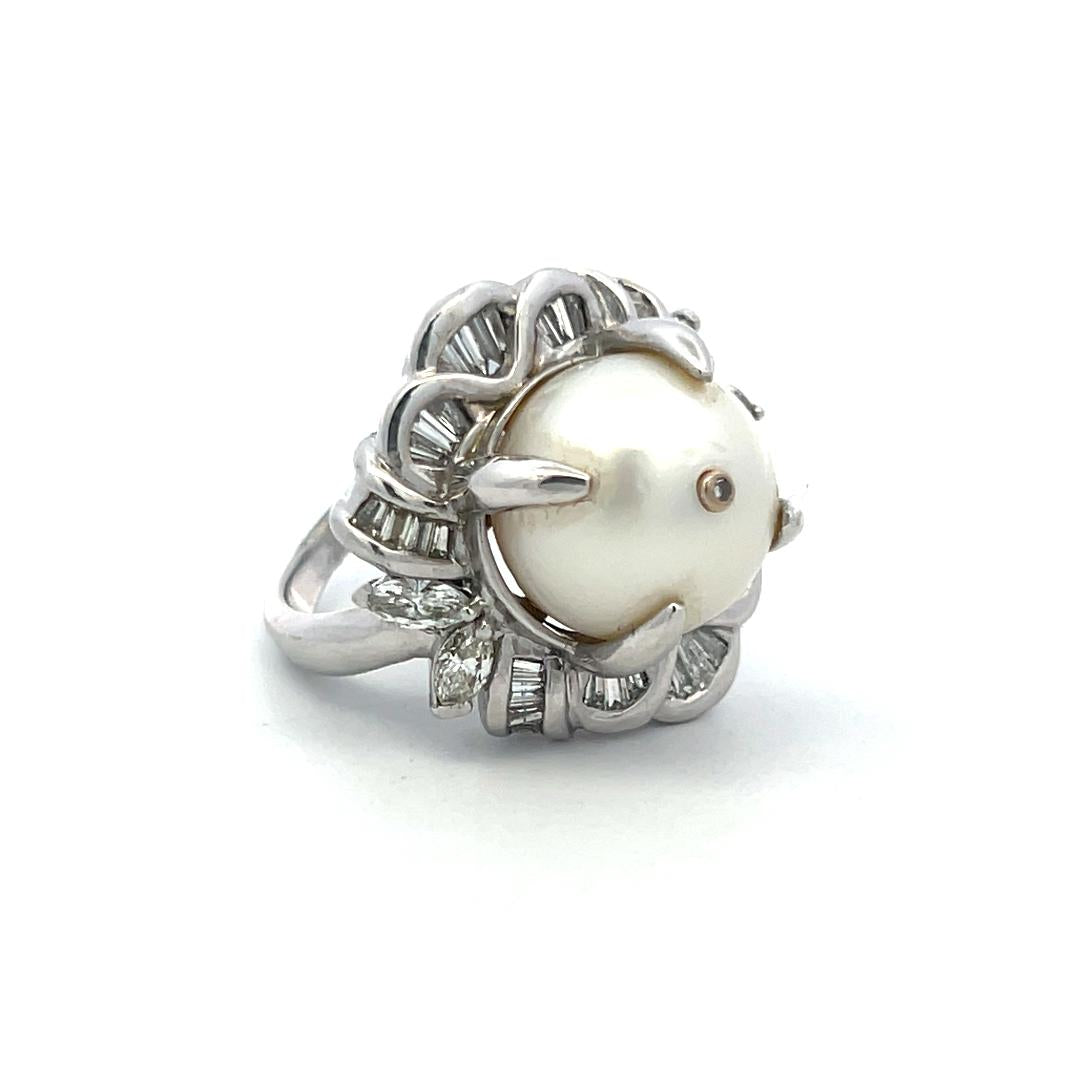 Platinum Cocktail Ring 1.8ct Tapered Baguette & Marquis Diamonds & Pearls Size 7