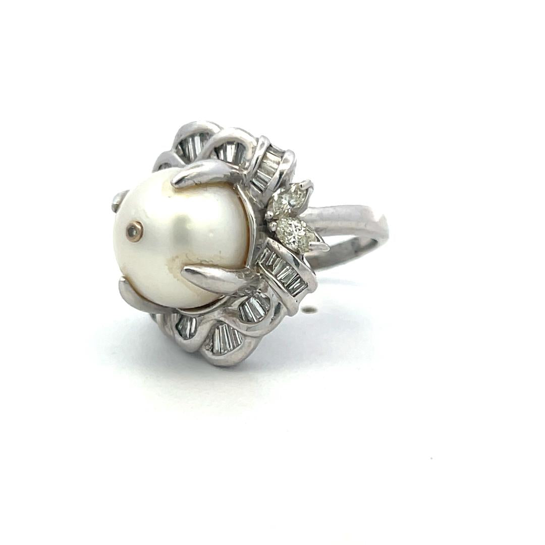 Platinum Cocktail Ring 1.8ct Tapered Baguette & Marquis Diamonds & Pearls Size 7