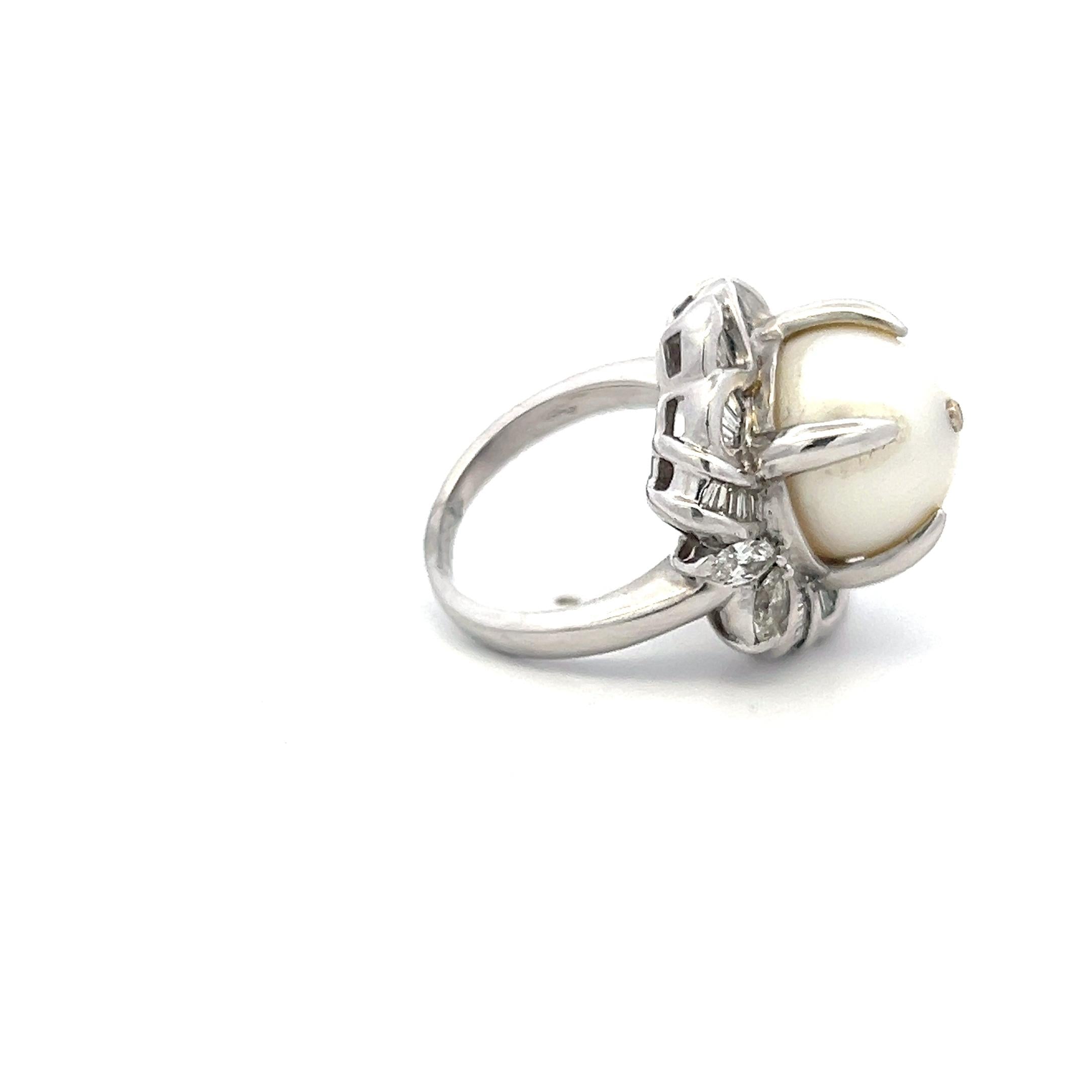 Platinum Cocktail Ring 1.8ct Tapered Baguette & Marquis Diamonds & Pearls Size 7