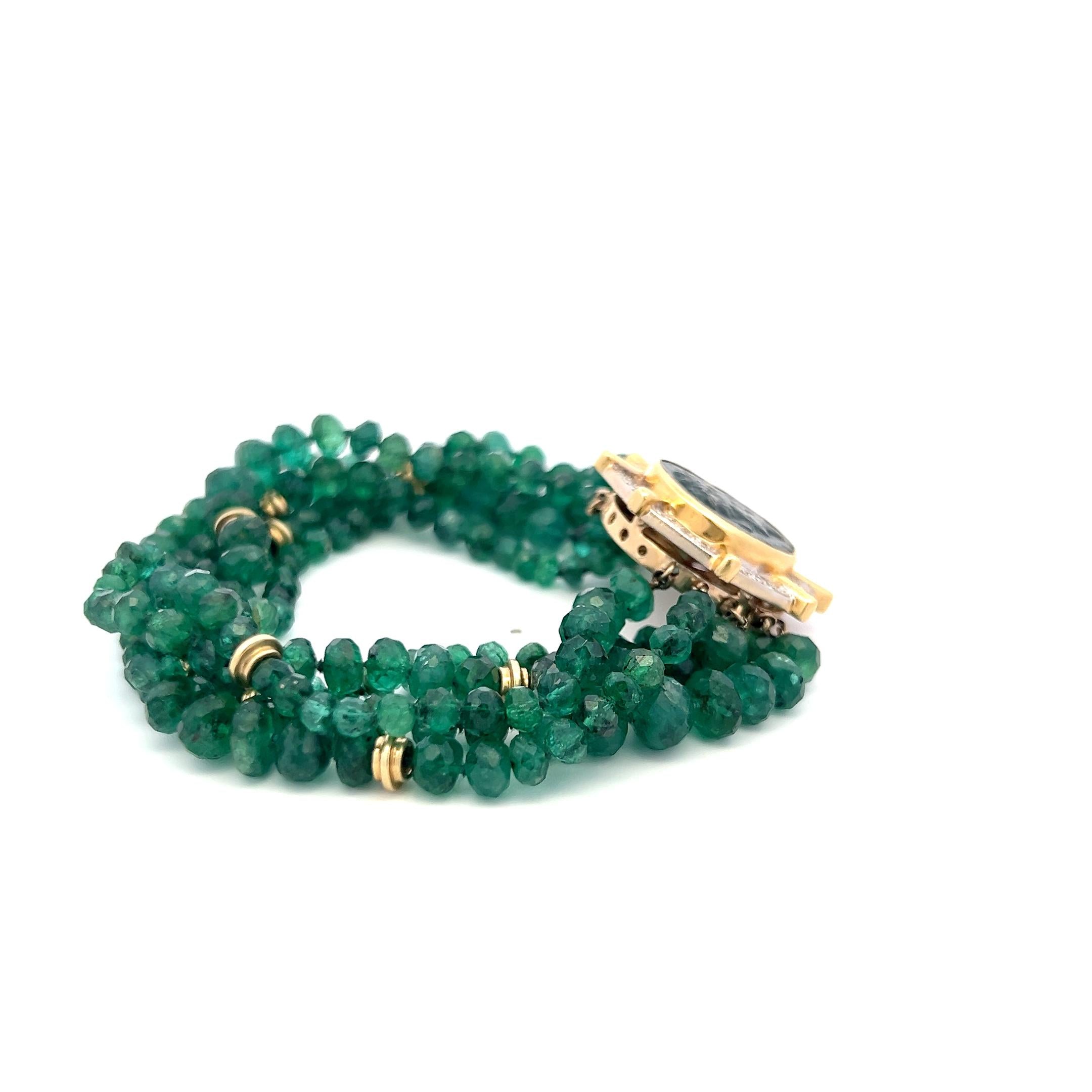 14K YG Bead Bracelet with 0.4 Carat Round Diamonds & 4.24-7.25 MM Emerald