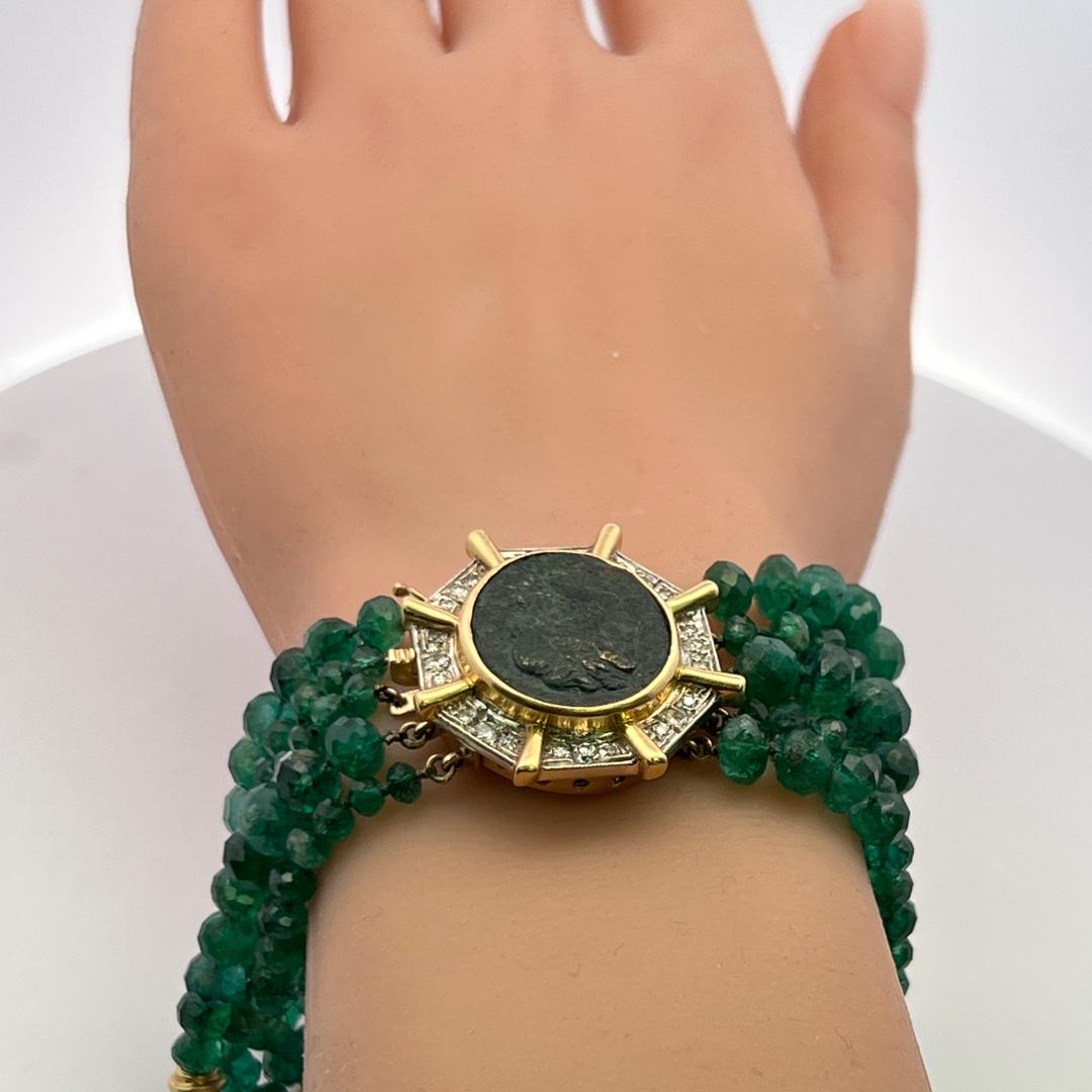 14K YG Bead Bracelet with 0.4 Carat Round Diamonds & 4.24-7.25 MM Emerald