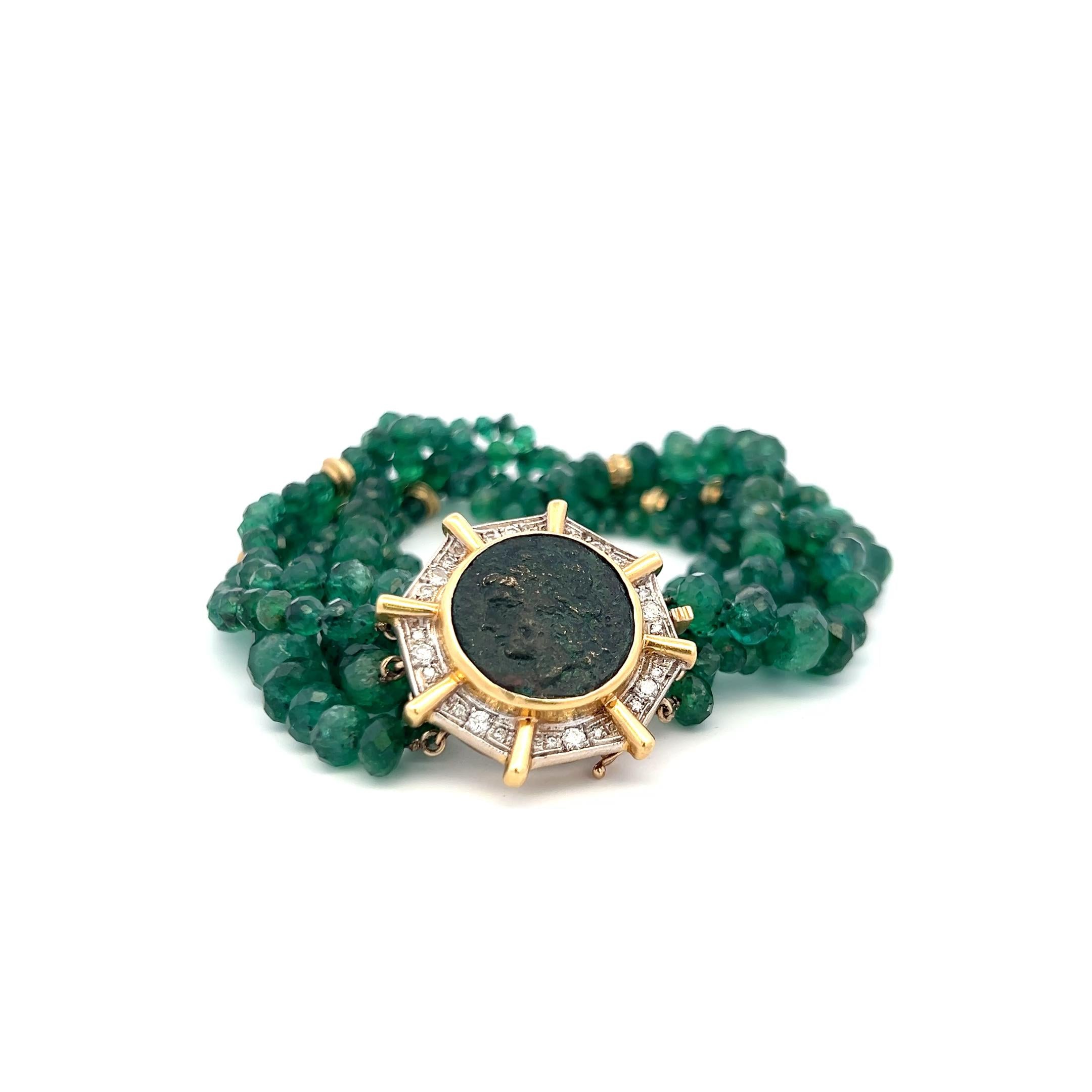14K YG Bead Bracelet with 0.4 Carat Round Diamonds & 4.24-7.25 MM Emerald