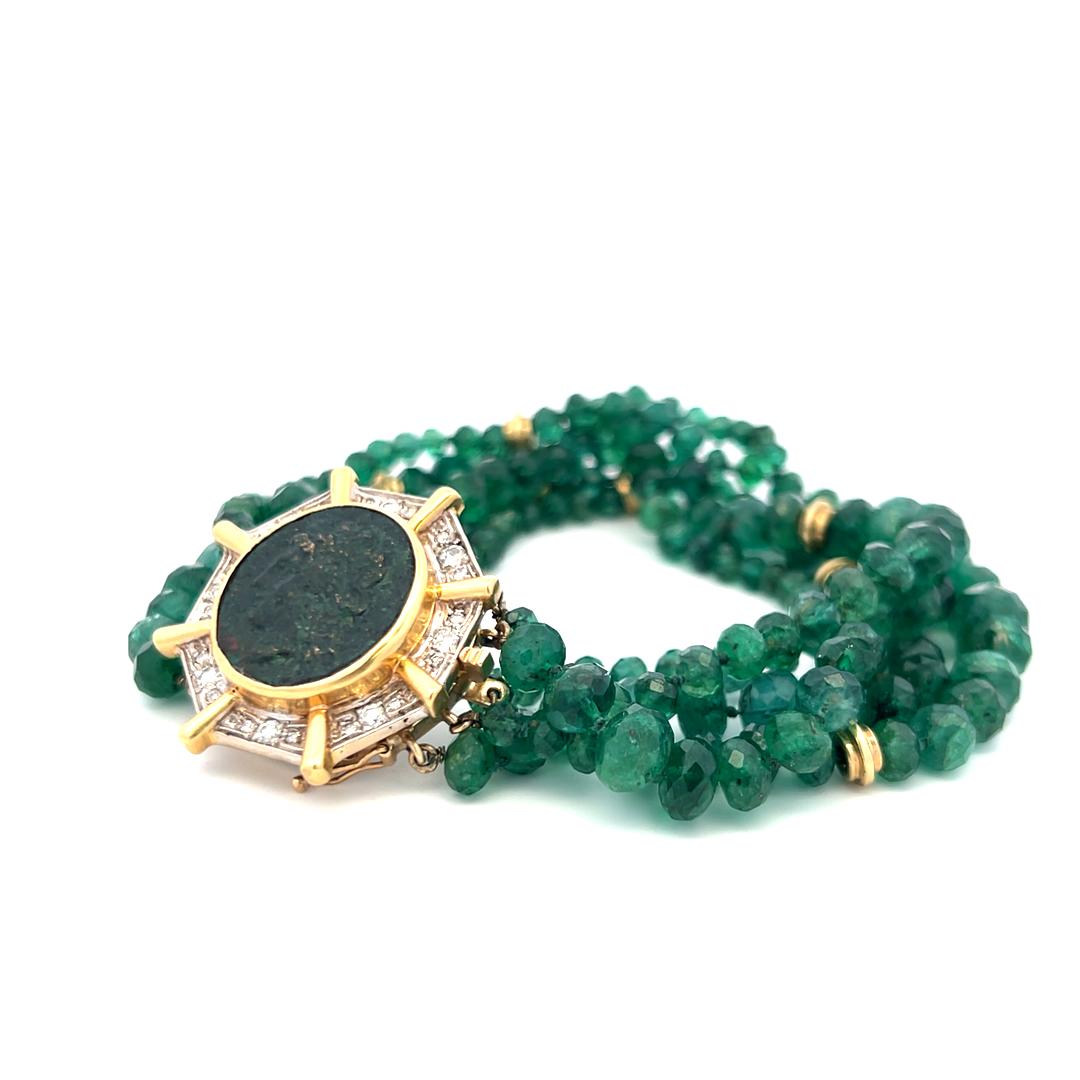 14K YG Bead Bracelet with 0.4 Carat Round Diamonds & 4.24-7.25 MM Emerald