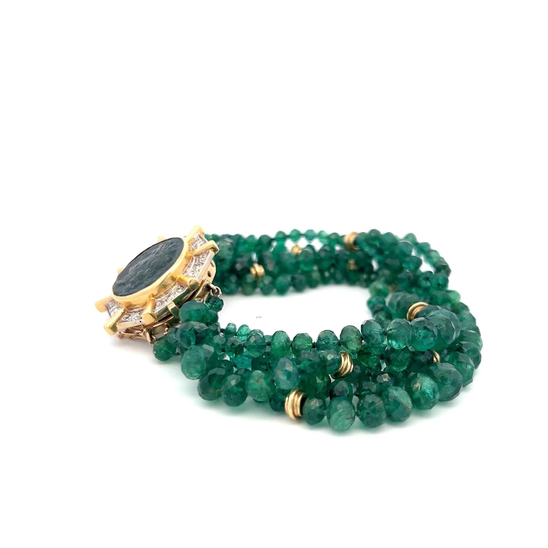 14K YG Bead Bracelet with 0.4 Carat Round Diamonds & 4.24-7.25 MM Emerald