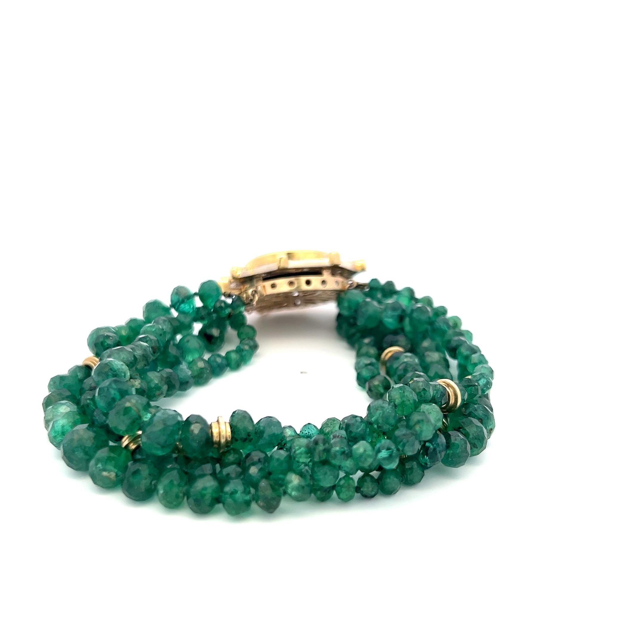 14K YG Bead Bracelet with 0.4 Carat Round Diamonds & 4.24-7.25 MM Emerald