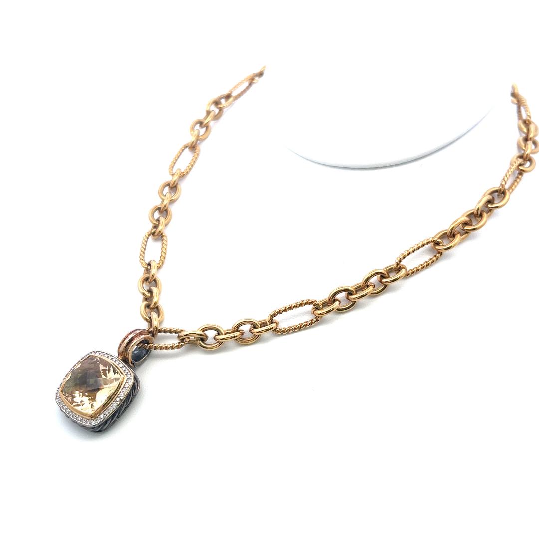 18K Two Tone Gold Pendant Necklace with 0.35ct Round G VS Diamond 13.5mm Citrine