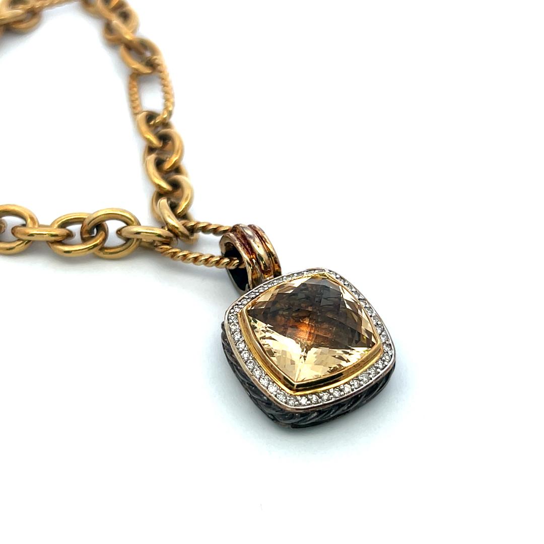 18K Two Tone Gold Pendant Necklace with 0.35ct Round G VS Diamond 13.5mm Citrine