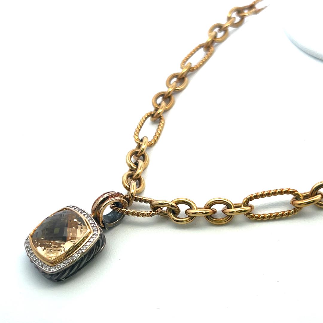 18K Two Tone Gold Pendant Necklace with 0.35ct Round G VS Diamond 13.5mm Citrine