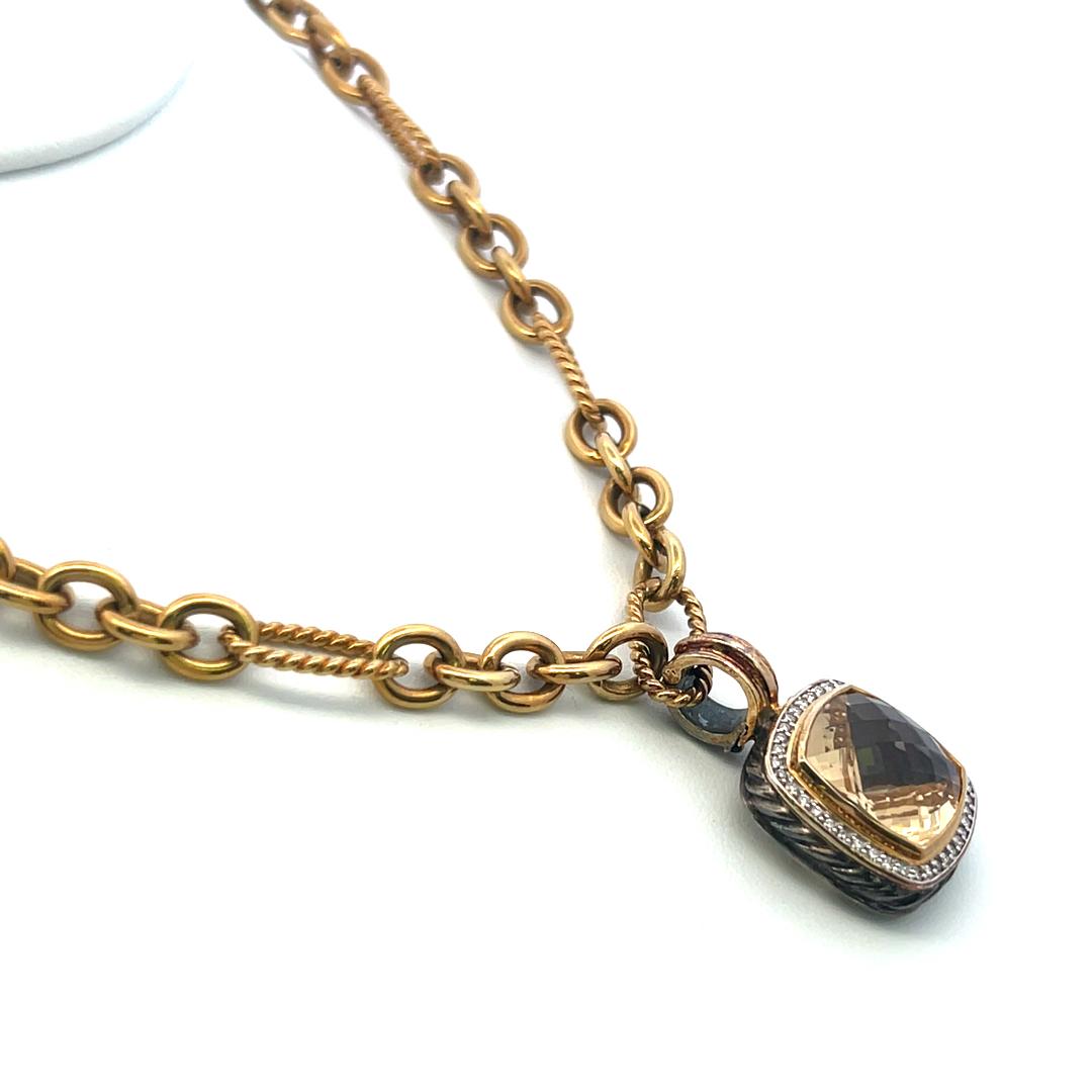 18K Two Tone Gold Pendant Necklace with 0.35ct Round G VS Diamond 13.5mm Citrine