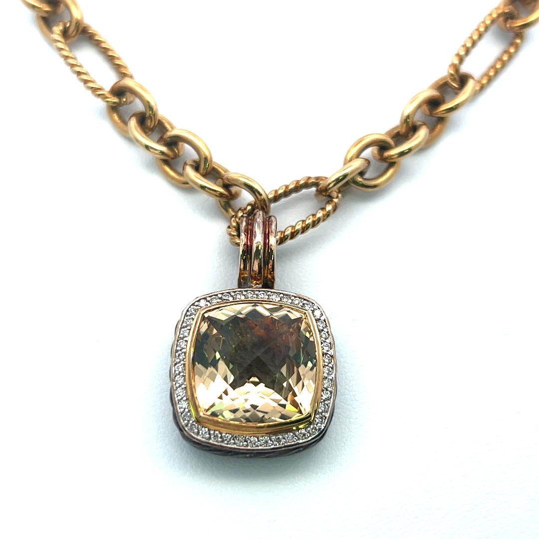 18K Two Tone Gold Pendant Necklace with 0.35ct Round G VS Diamond 13.5mm Citrine