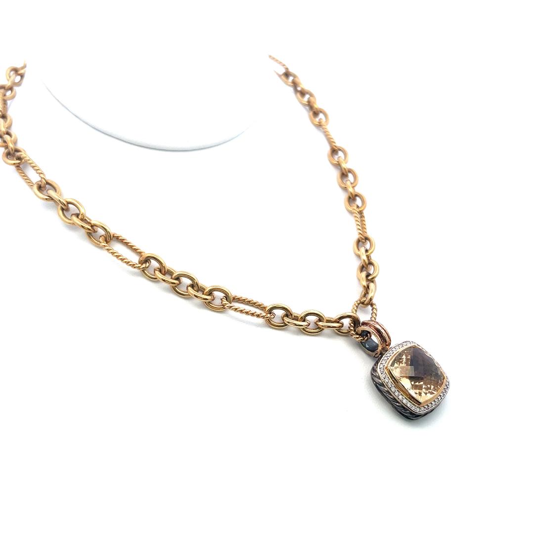 18K Two Tone Gold Pendant Necklace with 0.35ct Round G VS Diamond 13.5mm Citrine