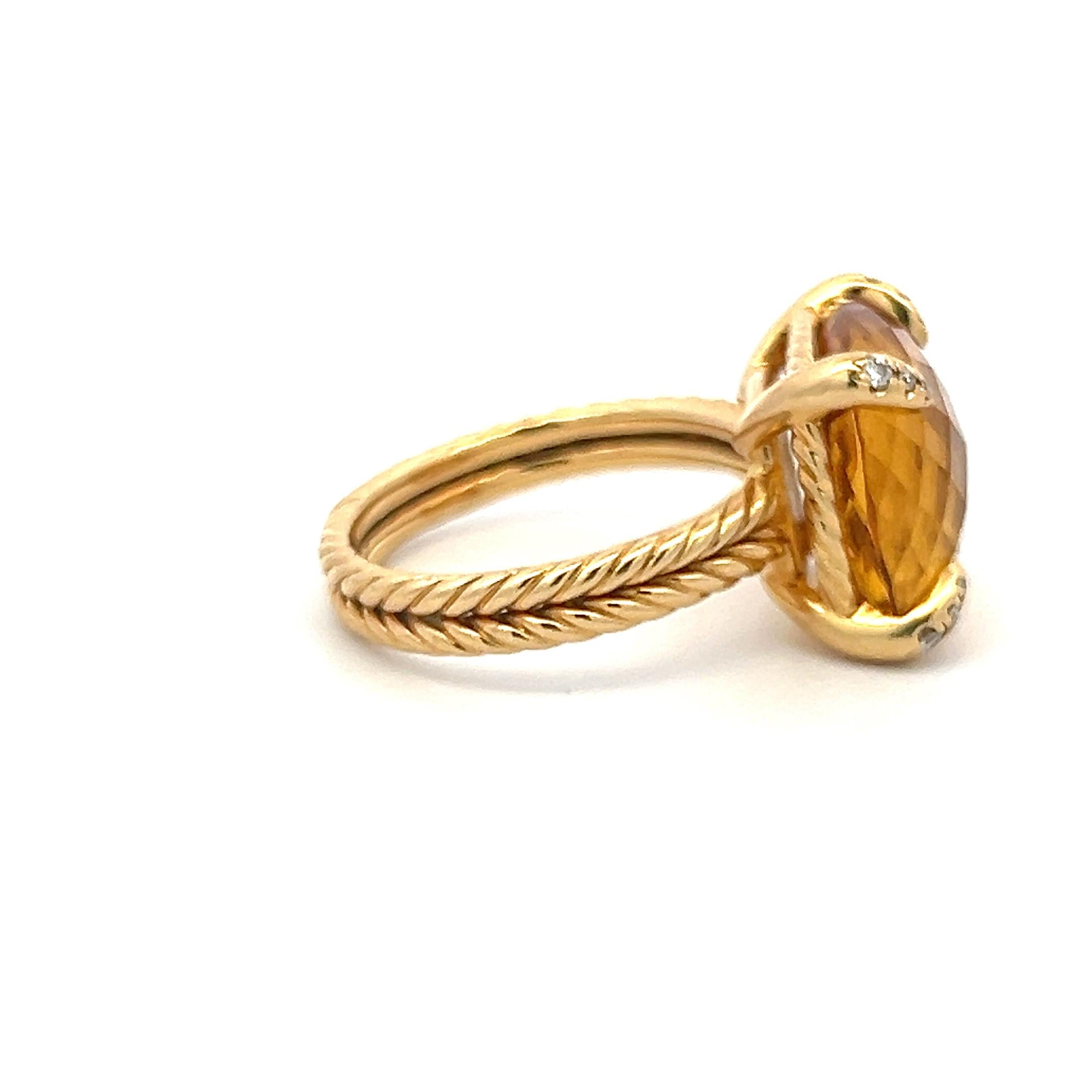 David Yurman 18K YG Cocktail Ring 0.06ct Round Diamonds & 13.8mm Citrine Size 8