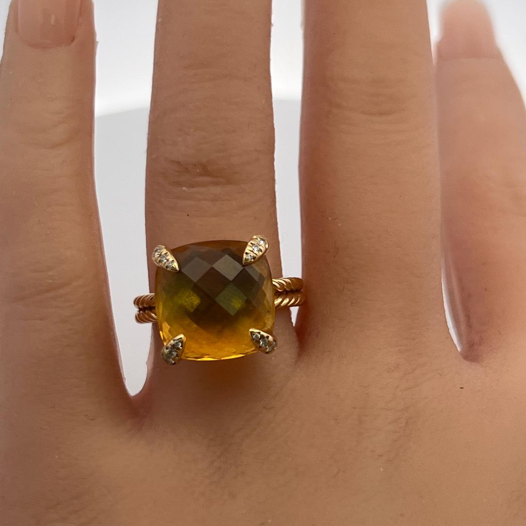 David Yurman 18K YG Cocktail Ring 0.06ct Round Diamonds & 13.8mm Citrine Size 8