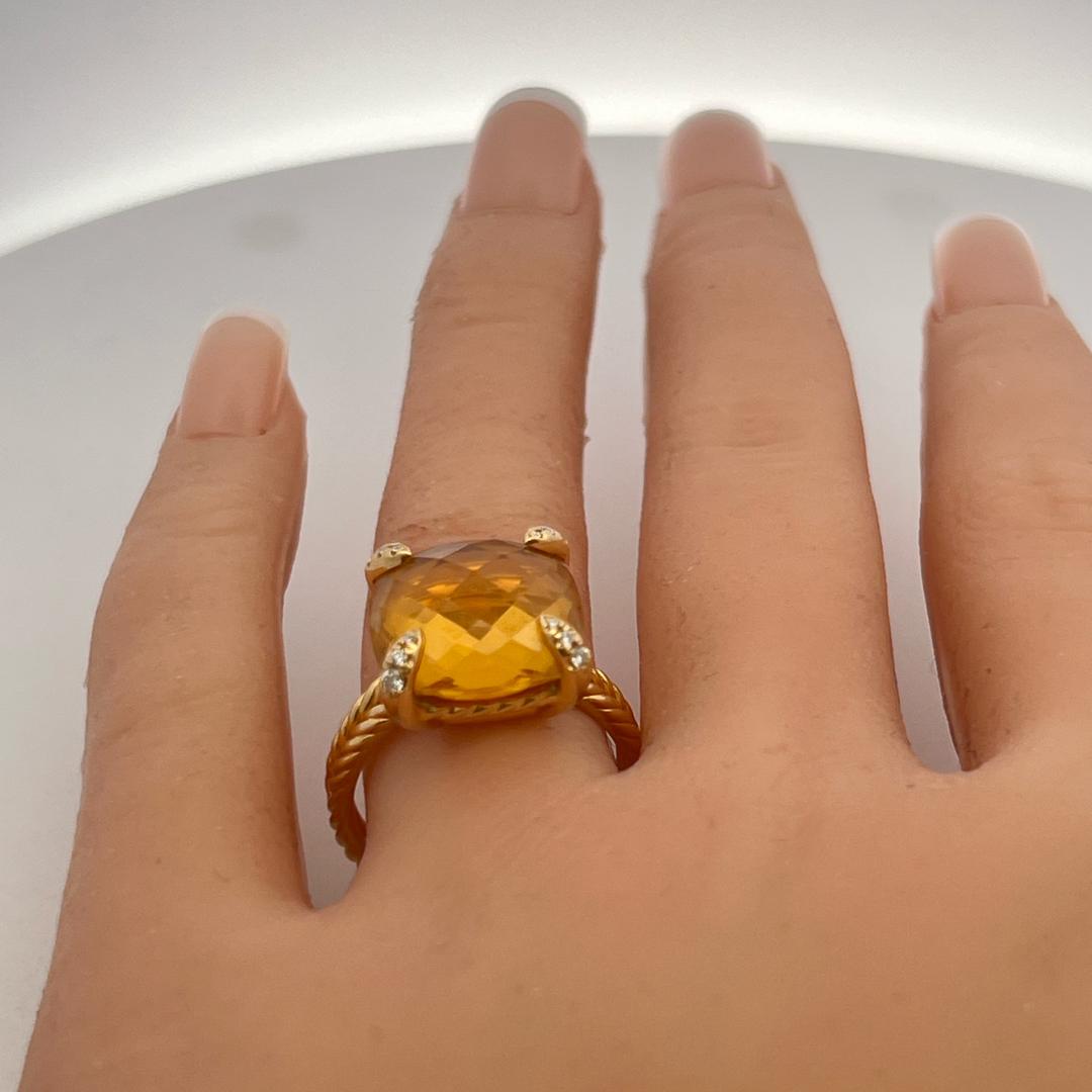 David Yurman 18K YG Cocktail Ring 0.06ct Round Diamonds & 13.8mm Citrine Size 8