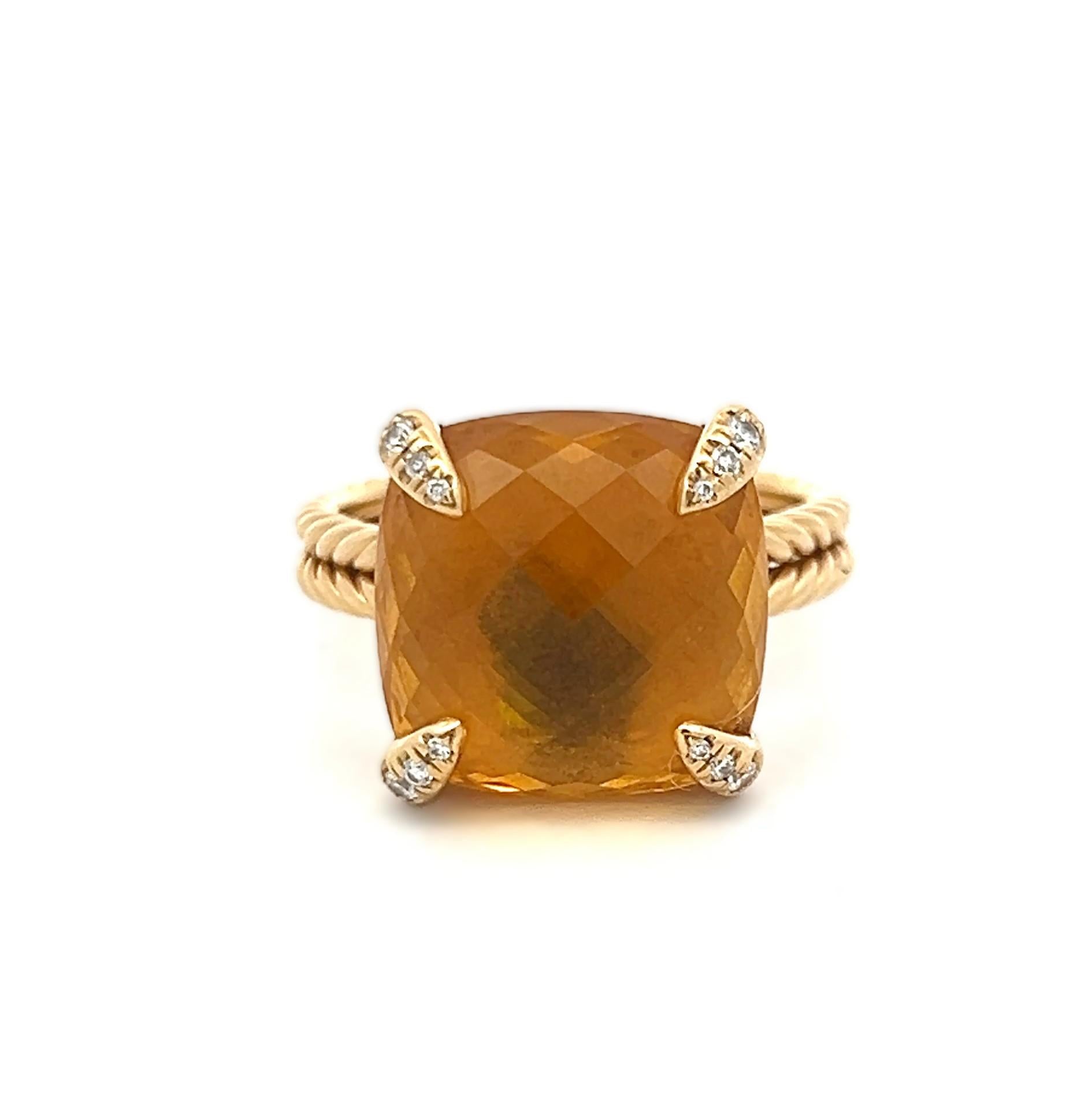 David Yurman 18K YG Cocktail Ring 0.06ct Round Diamonds & 13.8mm Citrine Size 8