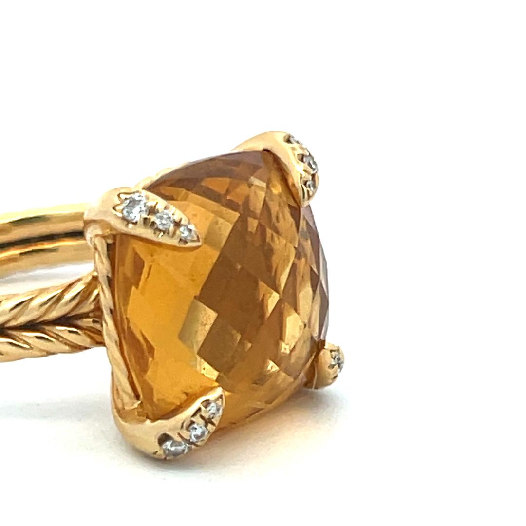 David Yurman 18K YG Cocktail Ring 0.06ct Round Diamonds & 13.8mm Citrine Size 8