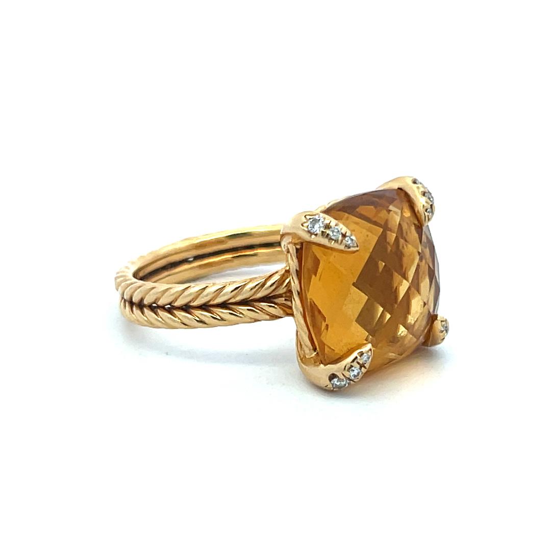 David Yurman 18K YG Cocktail Ring 0.06ct Round Diamonds & 13.8mm Citrine Size 8