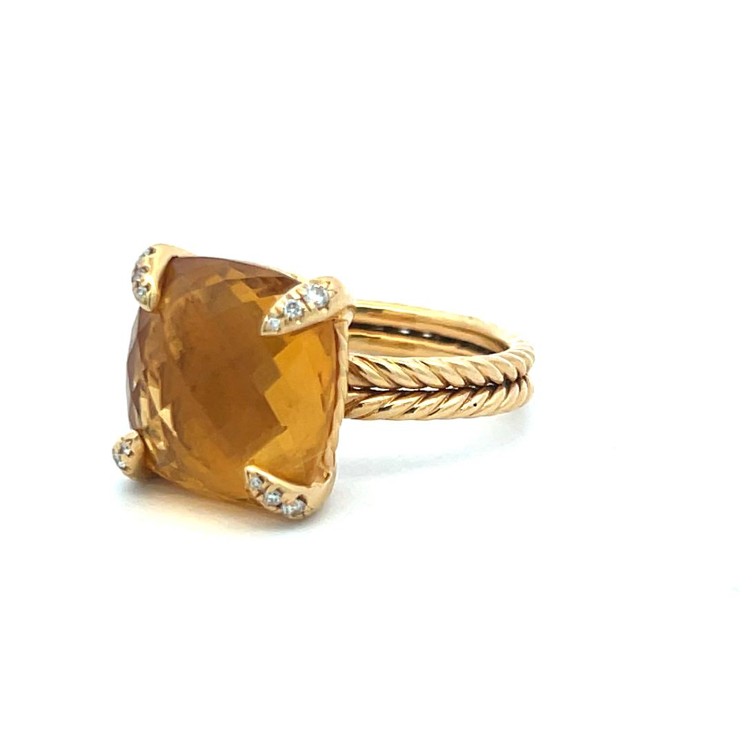 David Yurman 18K YG Cocktail Ring 0.06ct Round Diamonds & 13.8mm Citrine Size 8