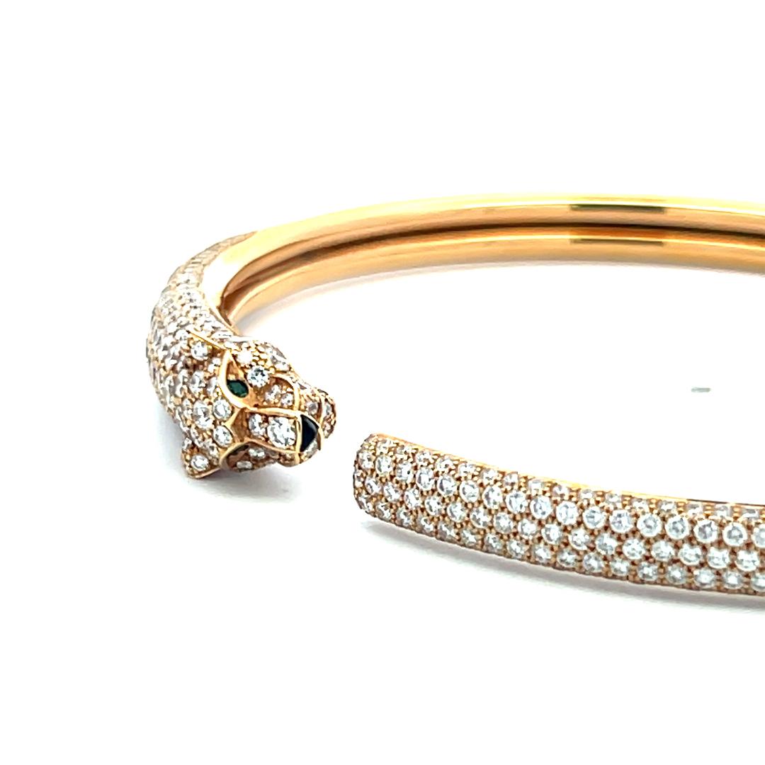 Cartier 18K Yellow Gold Panthere Bangle Bracelet 3ct Round Diamonds Emerald