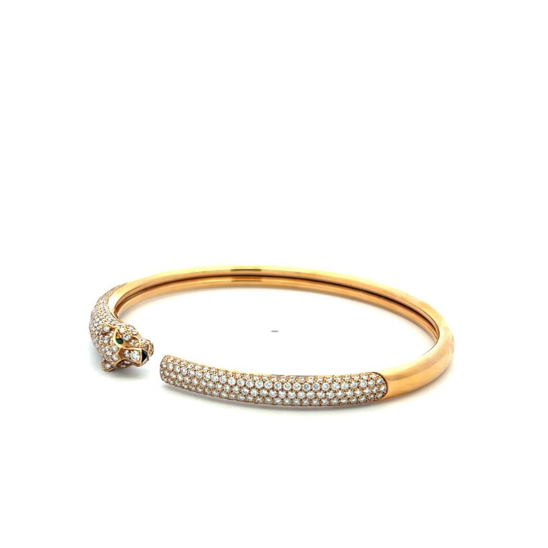 Cartier 18K Yellow Gold Panthere Bangle Bracelet 3ct Round Diamonds Emerald