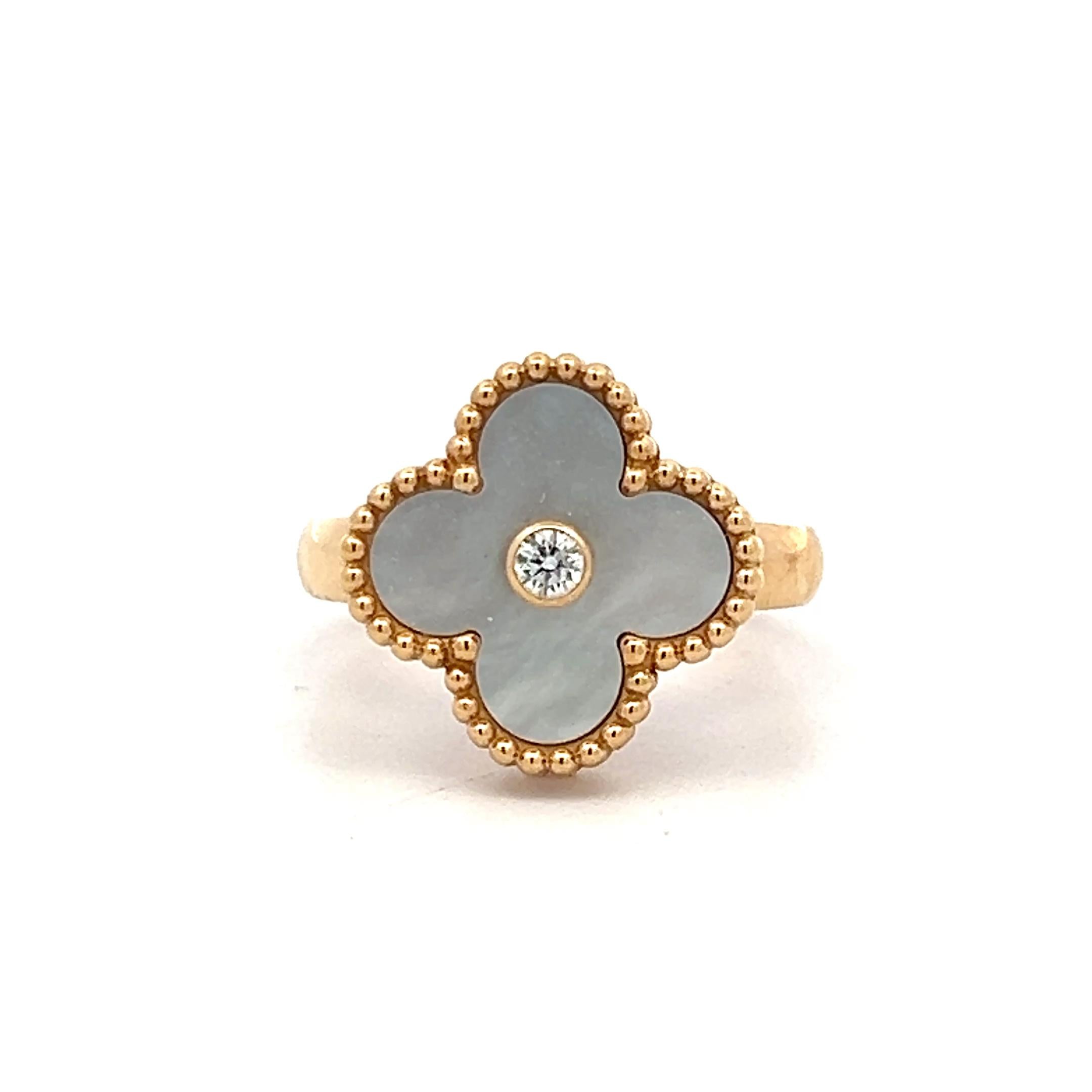 Van Cleef & Arpels 18K Yellow Gold Cocktail Ring 0.05ct Round Diamond Size 5.25