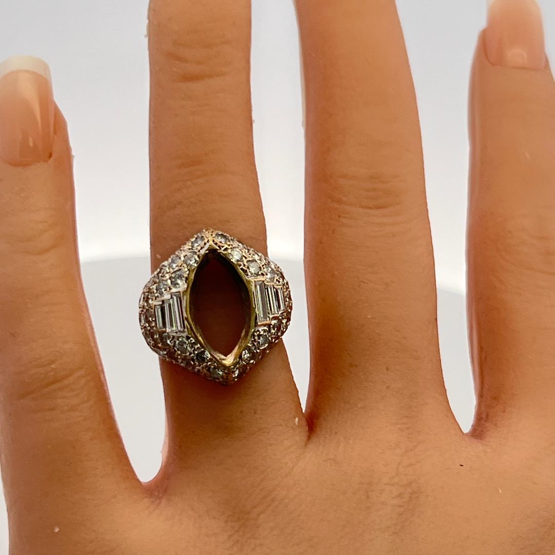 18K YG Semi Mount Ring 4.06ct Round & Baguette Diamonds Fits 14.40x7.71mm 3.24ct