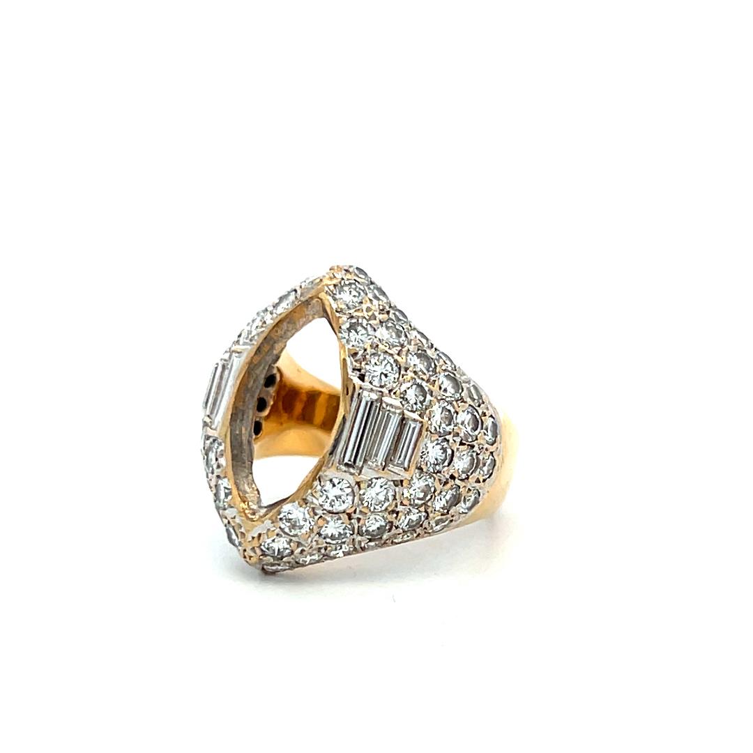 18K YG Semi Mount Ring 4.06ct Round & Baguette Diamonds Fits 14.40x7.71mm 3.24ct