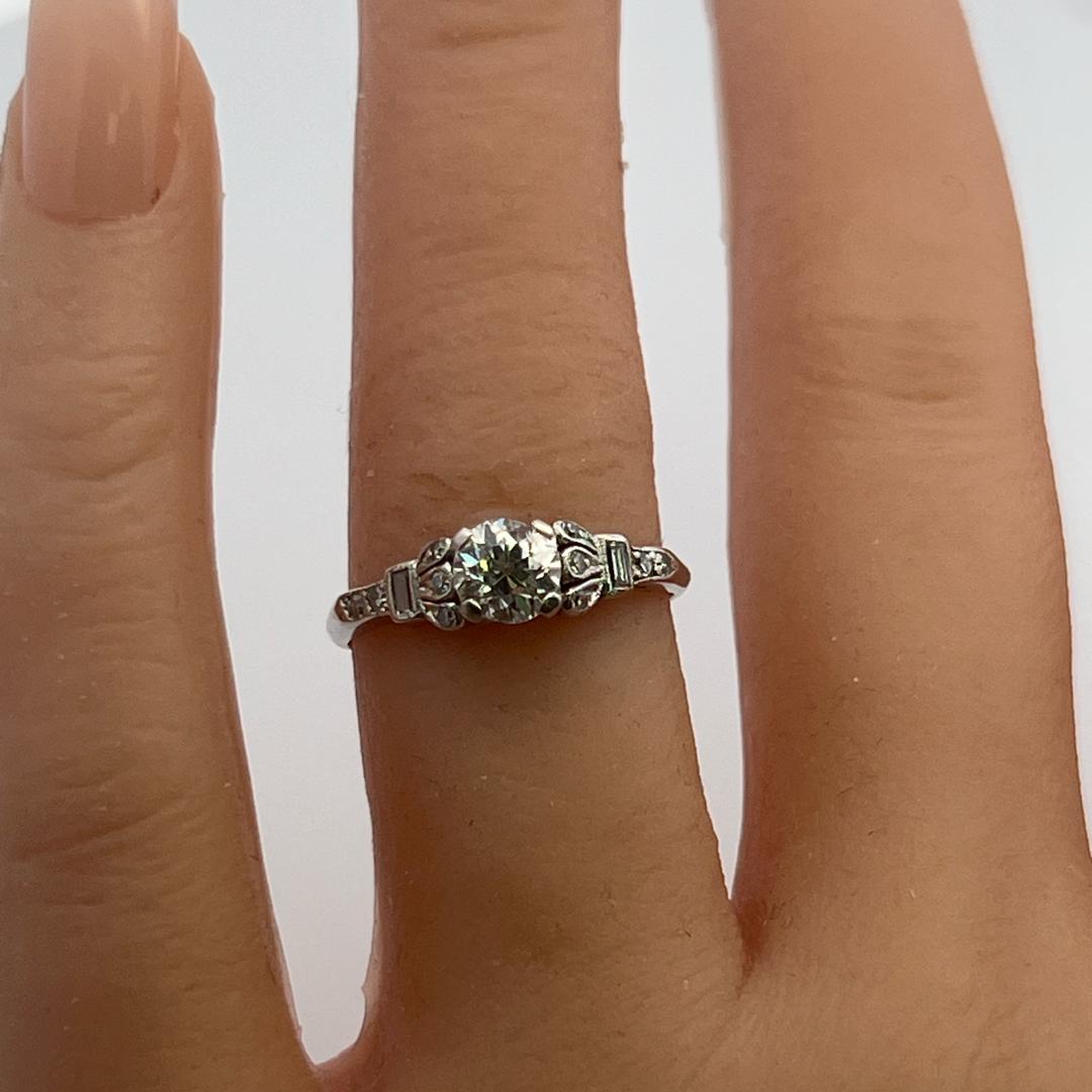 Platinum Art Deco Ring with 0.65ct Old European & Baguette Diamonds Size 5.5