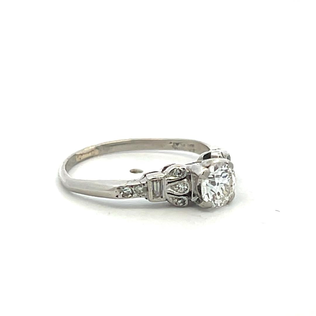 Platinum Art Deco Ring with 0.65ct Old European & Baguette Diamonds Size 5.5