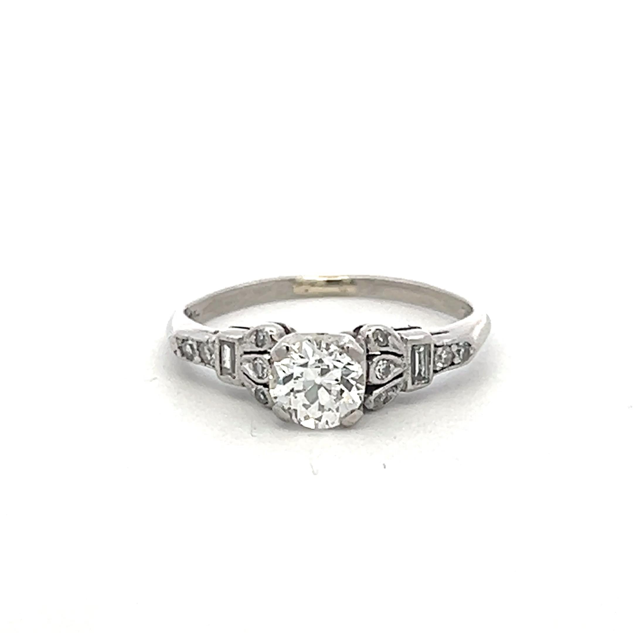Platinum Art Deco Ring with 0.65ct Old European & Baguette Diamonds Size 5.5