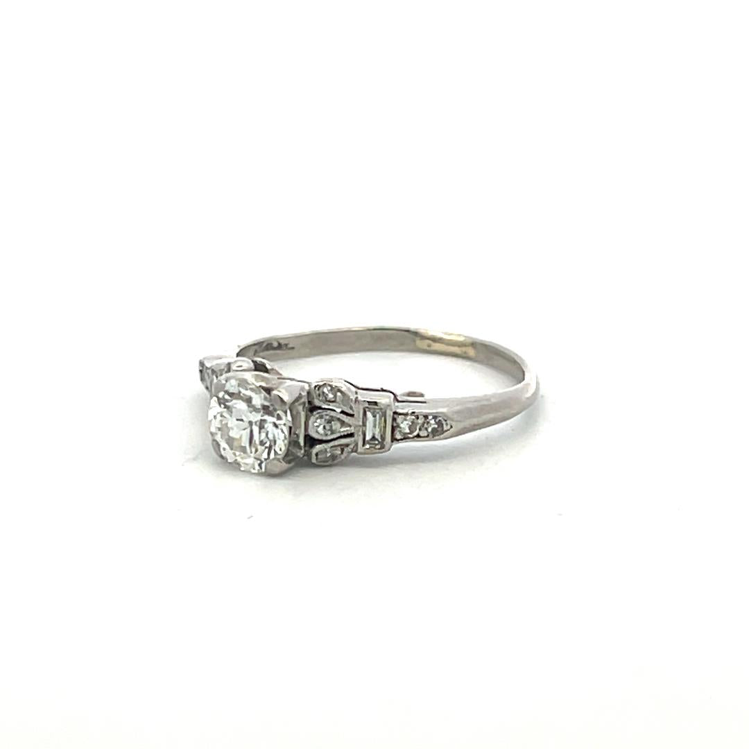 Platinum Art Deco Ring with 0.65ct Old European & Baguette Diamonds Size 5.5