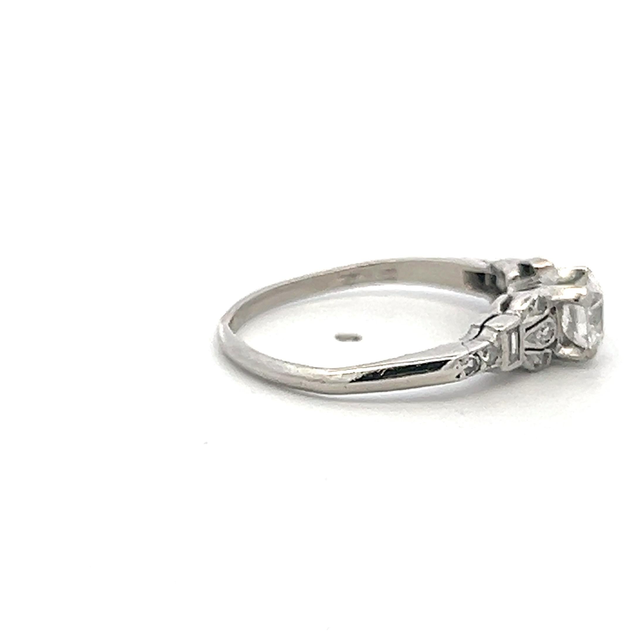 Platinum Art Deco Ring with 0.65ct Old European & Baguette Diamonds Size 5.5
