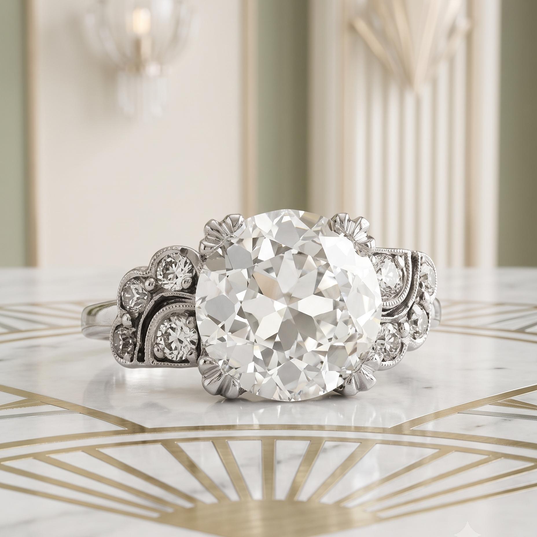 Platinum Art Deco Ring 1.69 Carat Old European Cut Diamonds Size 3.5 K-SI2 GIA