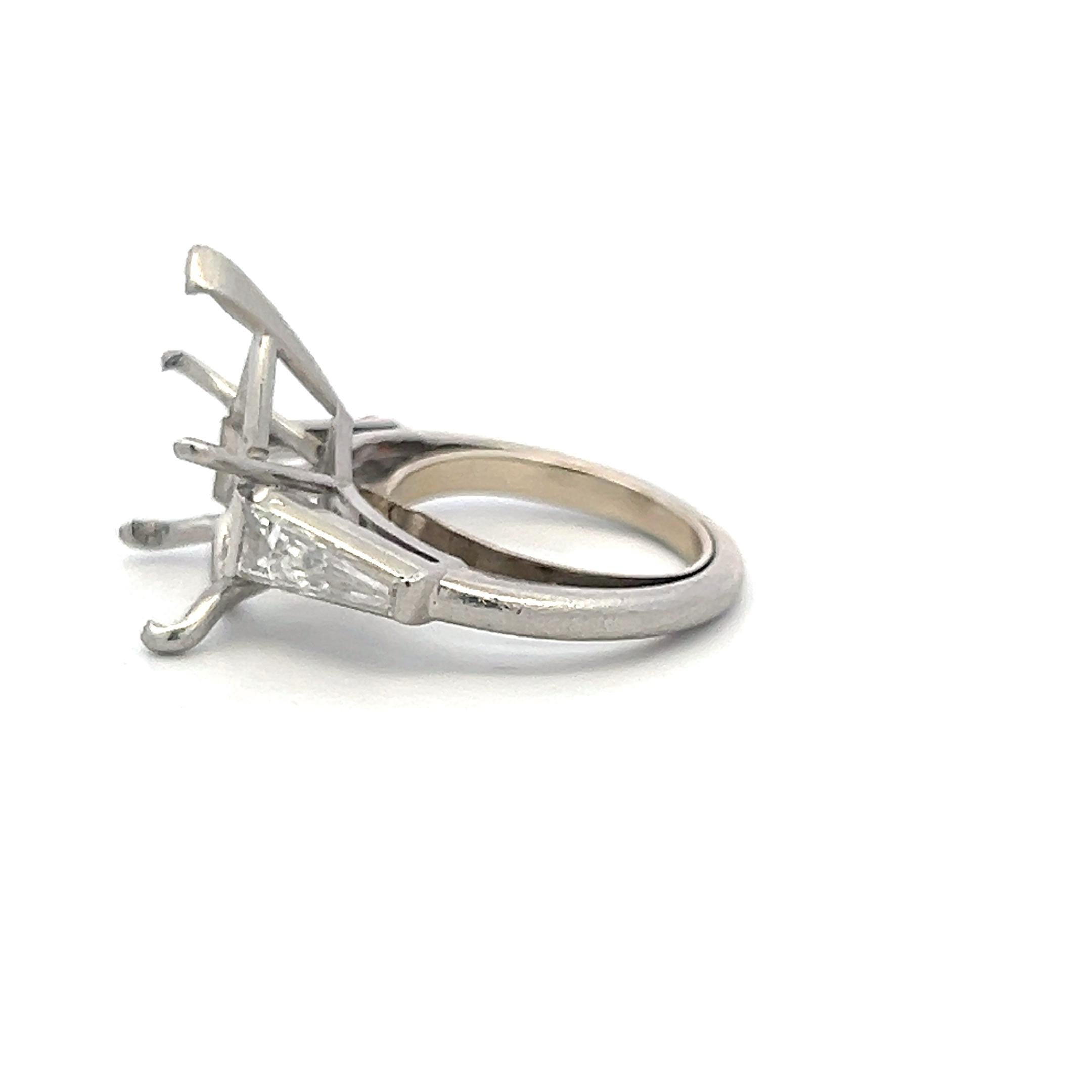 Platinum Semi Mount Ring with 1ct Tapered Baguette Diamonds Fits 17x11 MM 6.00ct