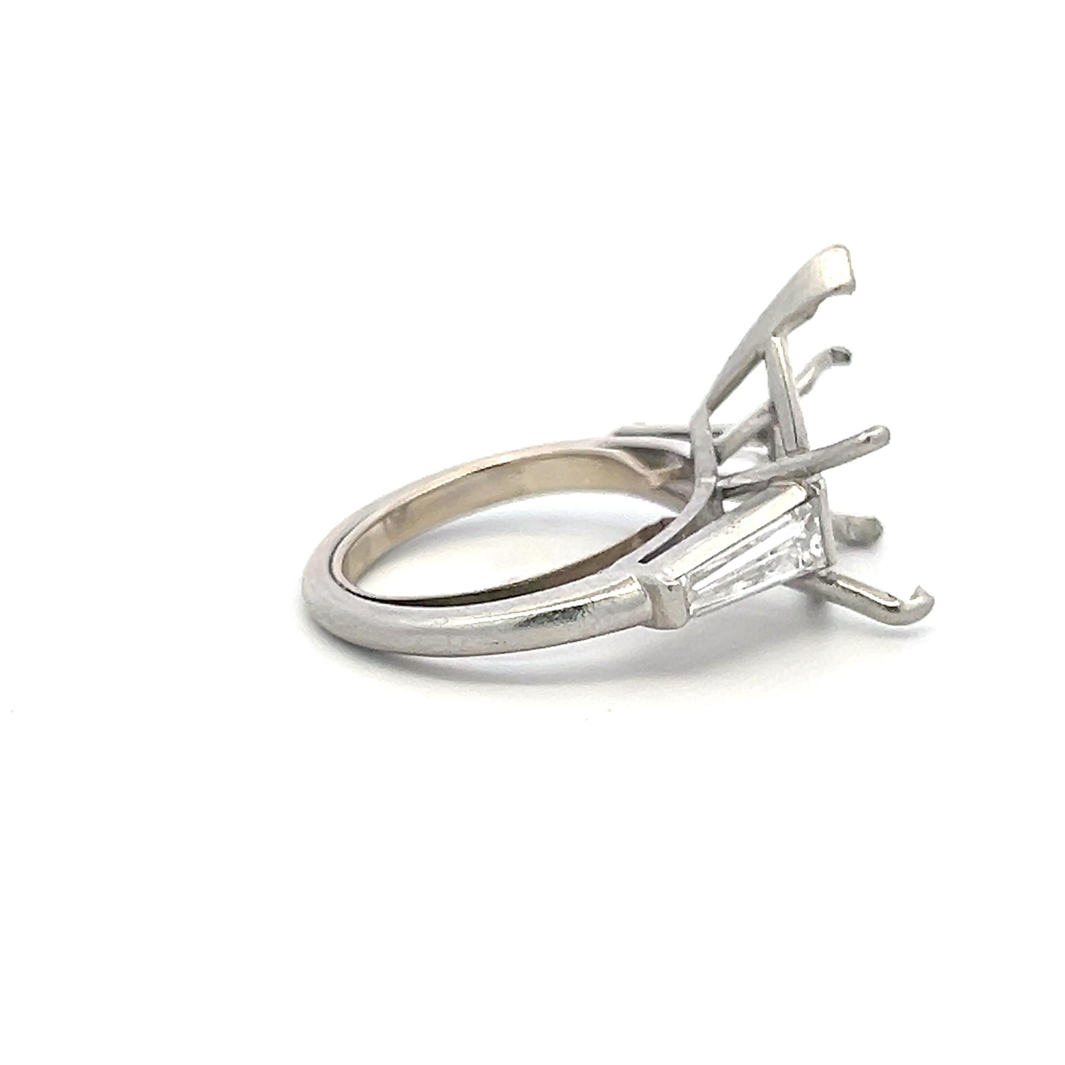 Platinum Semi Mount Ring with 1ct Tapered Baguette Diamonds Fits 17x11 MM 6.00ct