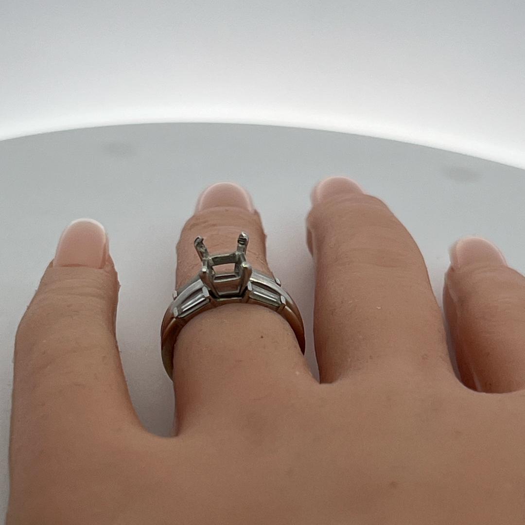 14K White Gold Semi Mount Ring 0.4ct Baguette Diamonds Fits 7.3x5.9mm 1.20ct+