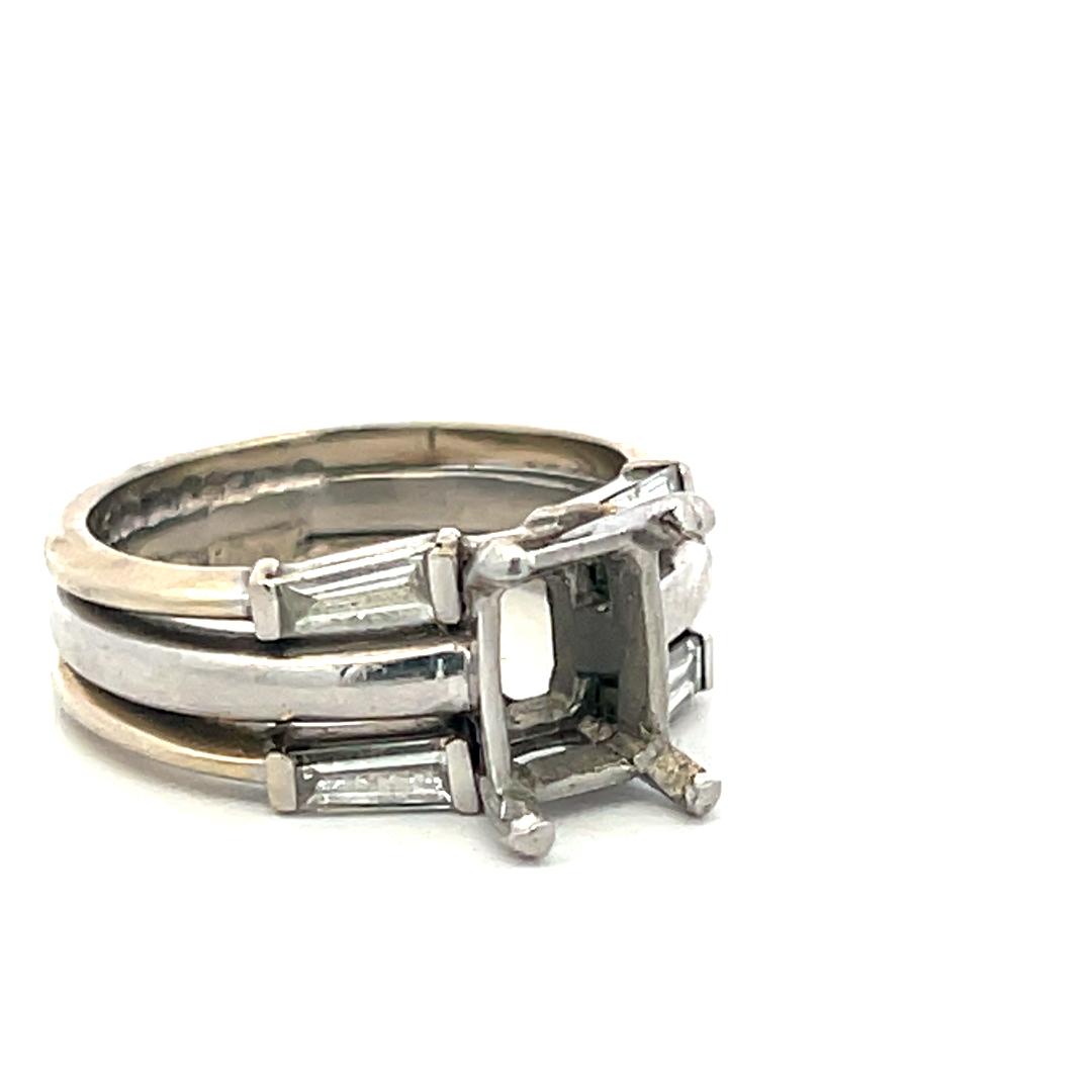 14K White Gold Semi Mount Ring 0.4ct Baguette Diamonds Fits 7.3x5.9mm 1.20ct+