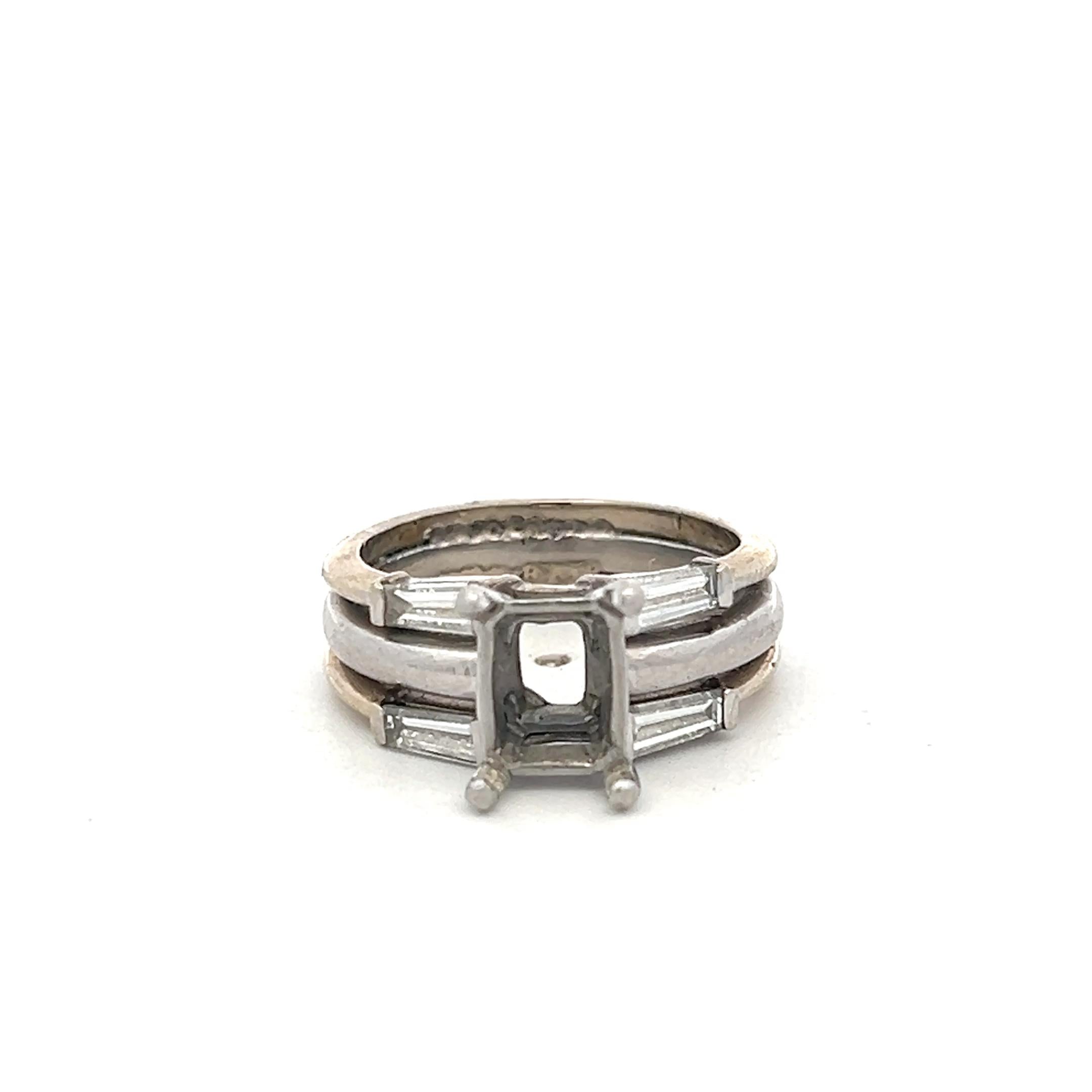 14K White Gold Semi Mount Ring 0.4ct Baguette Diamonds Fits 7.3x5.9mm 1.20ct+