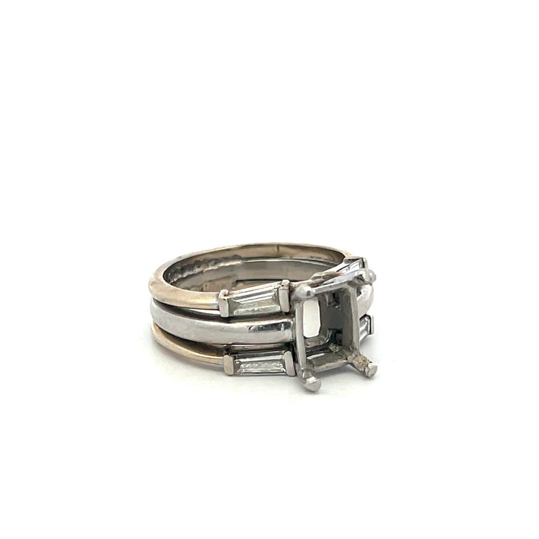 14K White Gold Semi Mount Ring 0.4ct Baguette Diamonds Fits 7.3x5.9mm 1.20ct+