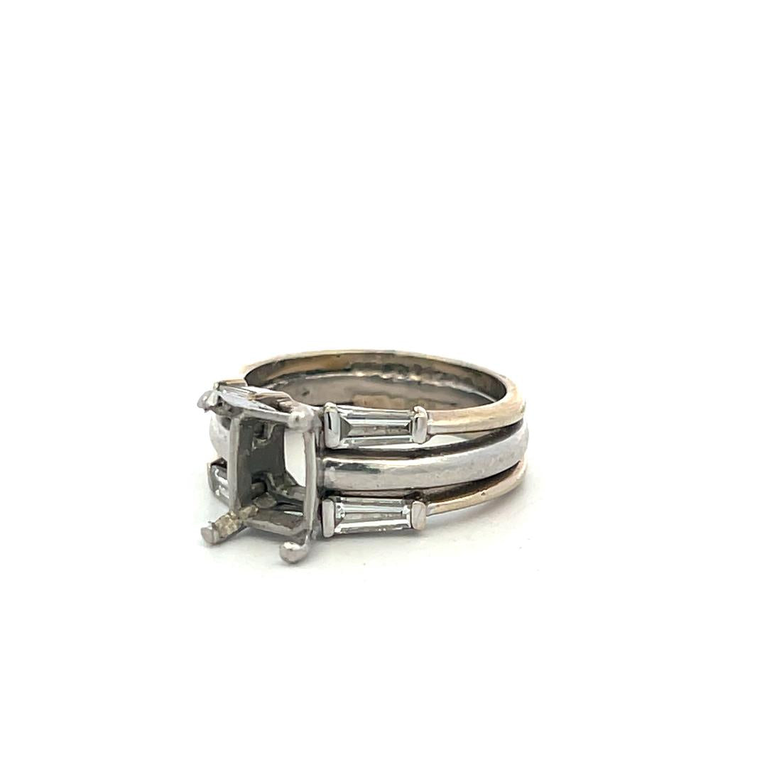 14K White Gold Semi Mount Ring 0.4ct Baguette Diamonds Fits 7.3x5.9mm 1.20ct+
